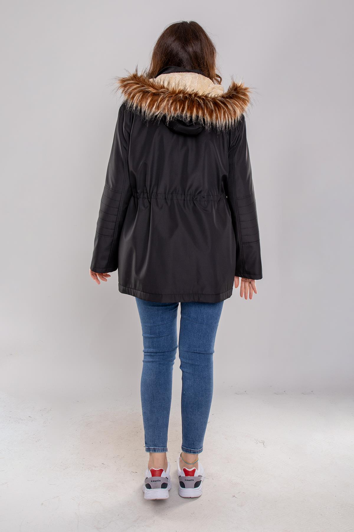 1027 Büyük Beden İçi Kürklü Kapüşonlu 4 Cep Beli Bağcıklı Kadın Kap