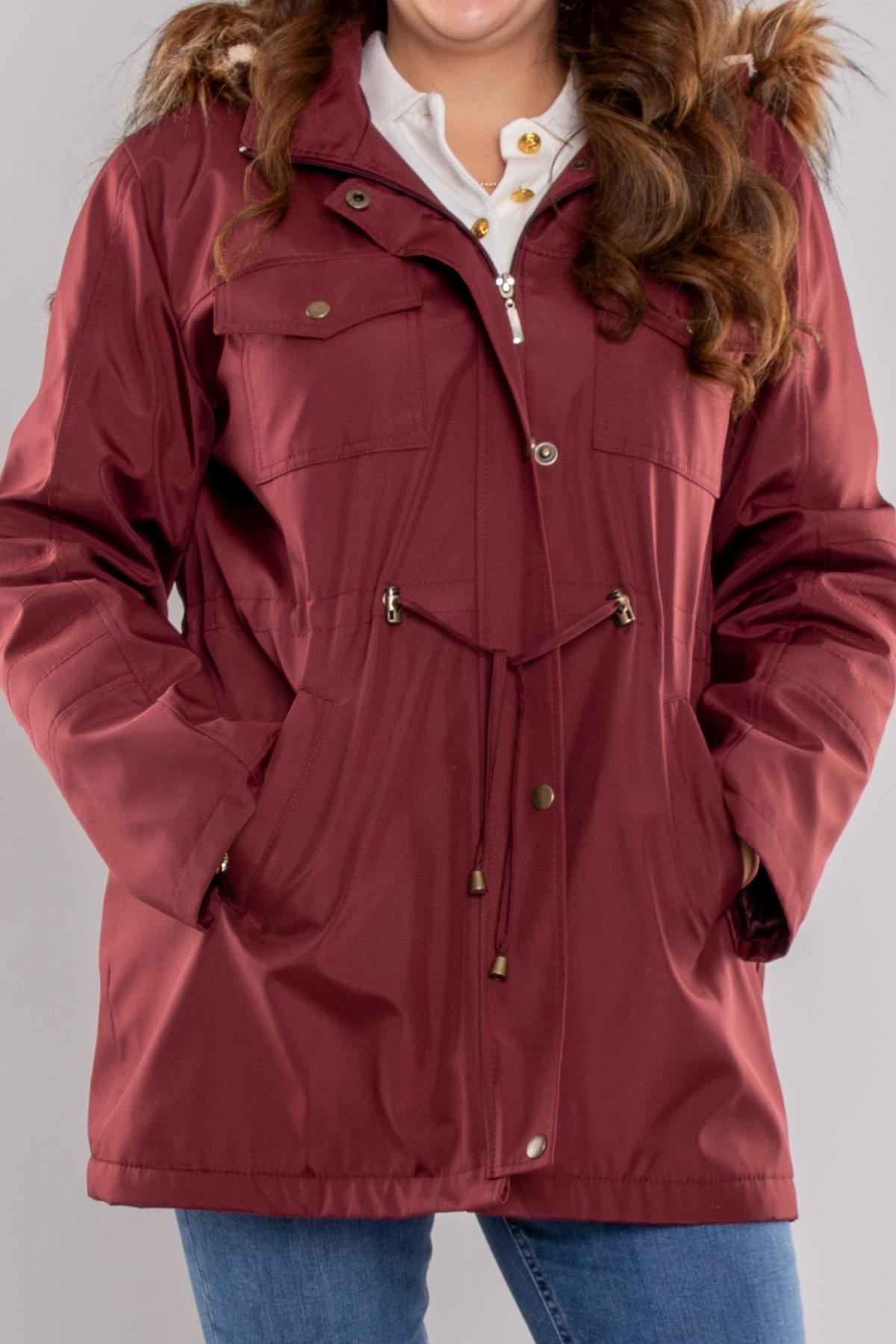 1027 Büyük Beden İçi Kürklü Kapüşonlu 4 Cep Beli Bağcıklı Kadın Kap