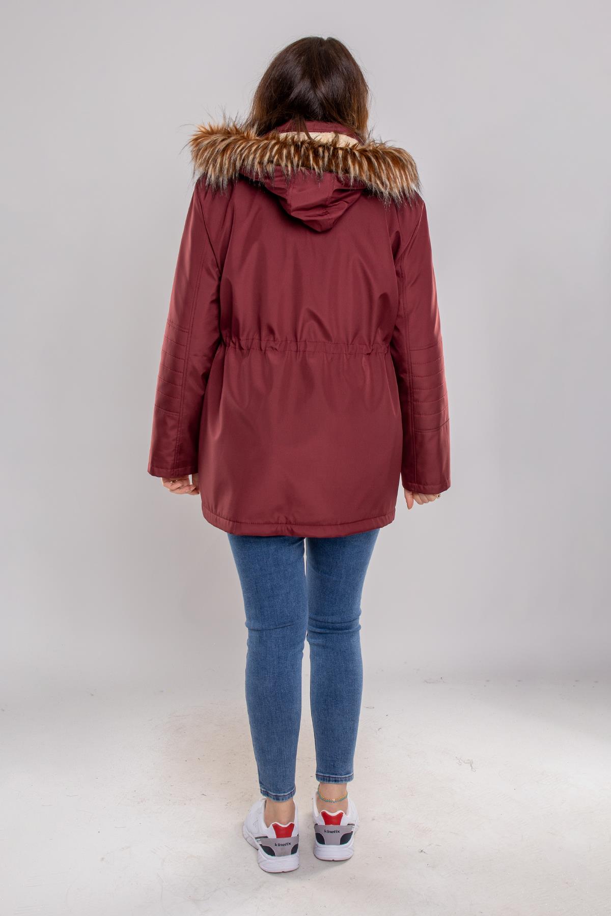 1027 Büyük Beden İçi Kürklü Kapüşonlu 4 Cep Beli Bağcıklı Kadın Kap