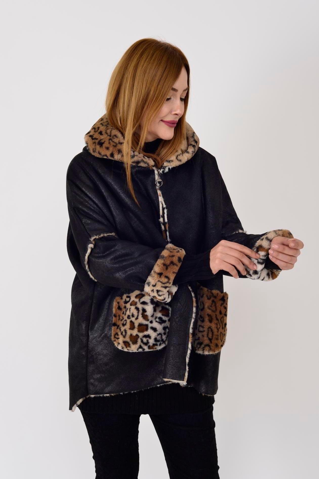 10299-10 Leopar Desen İçi Peluş Kürklü Kapüşonlu Kadın Keçe Kaban