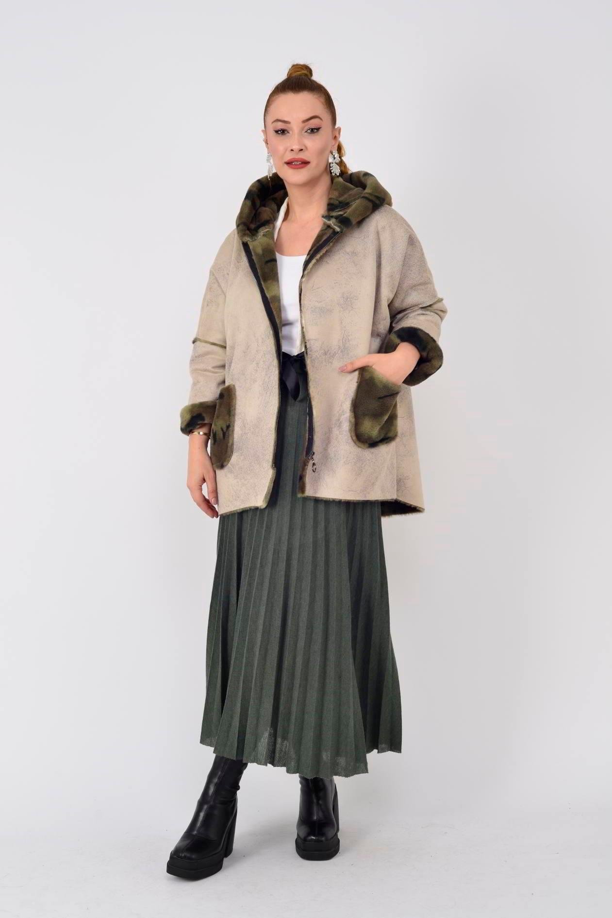 10299-13 Kamuflaj Desen İçi Polar Kapüşonlu Deri Kaban