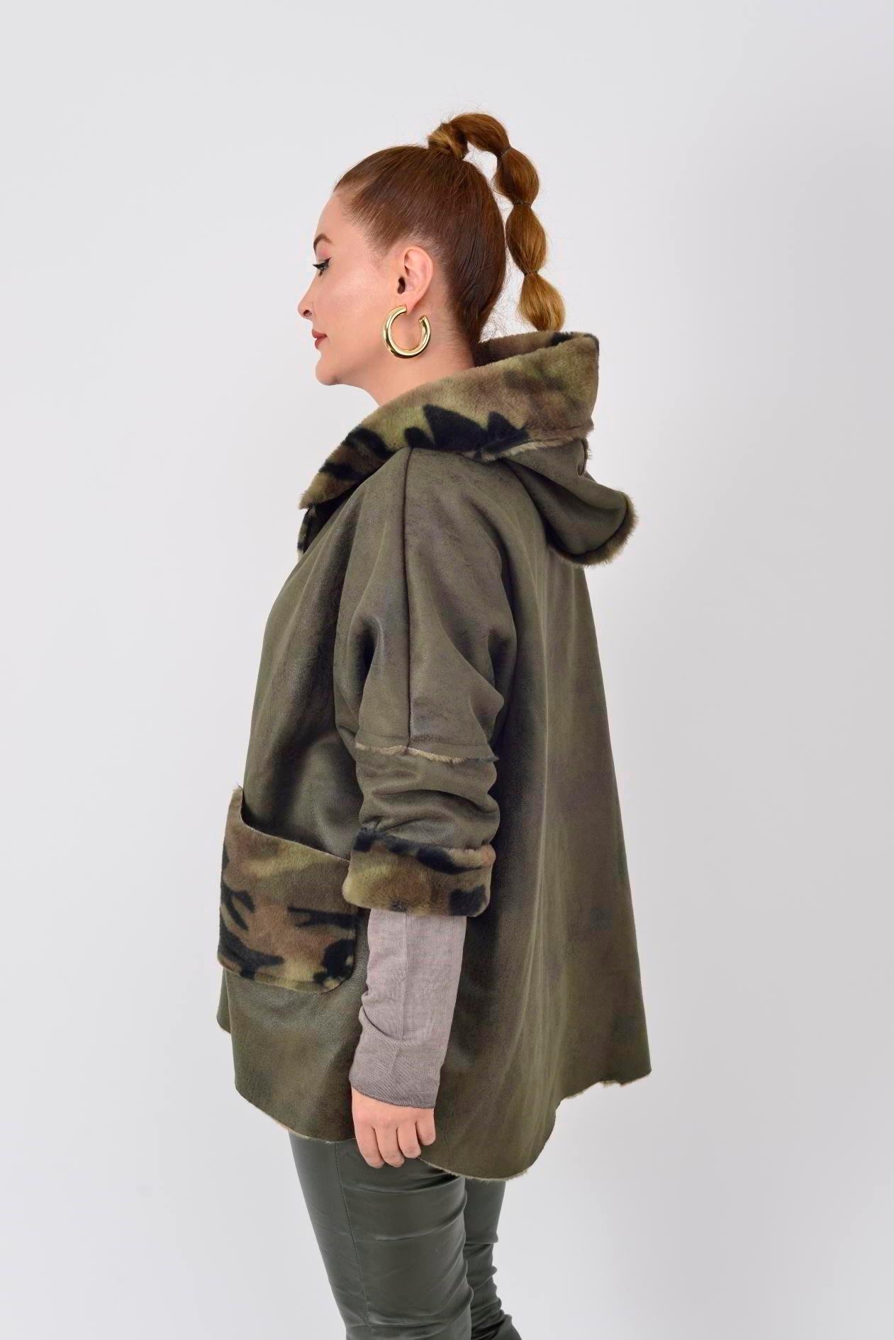 10299-13 Kamuflaj Desen İçi Polar Kapüşonlu Deri Kaban