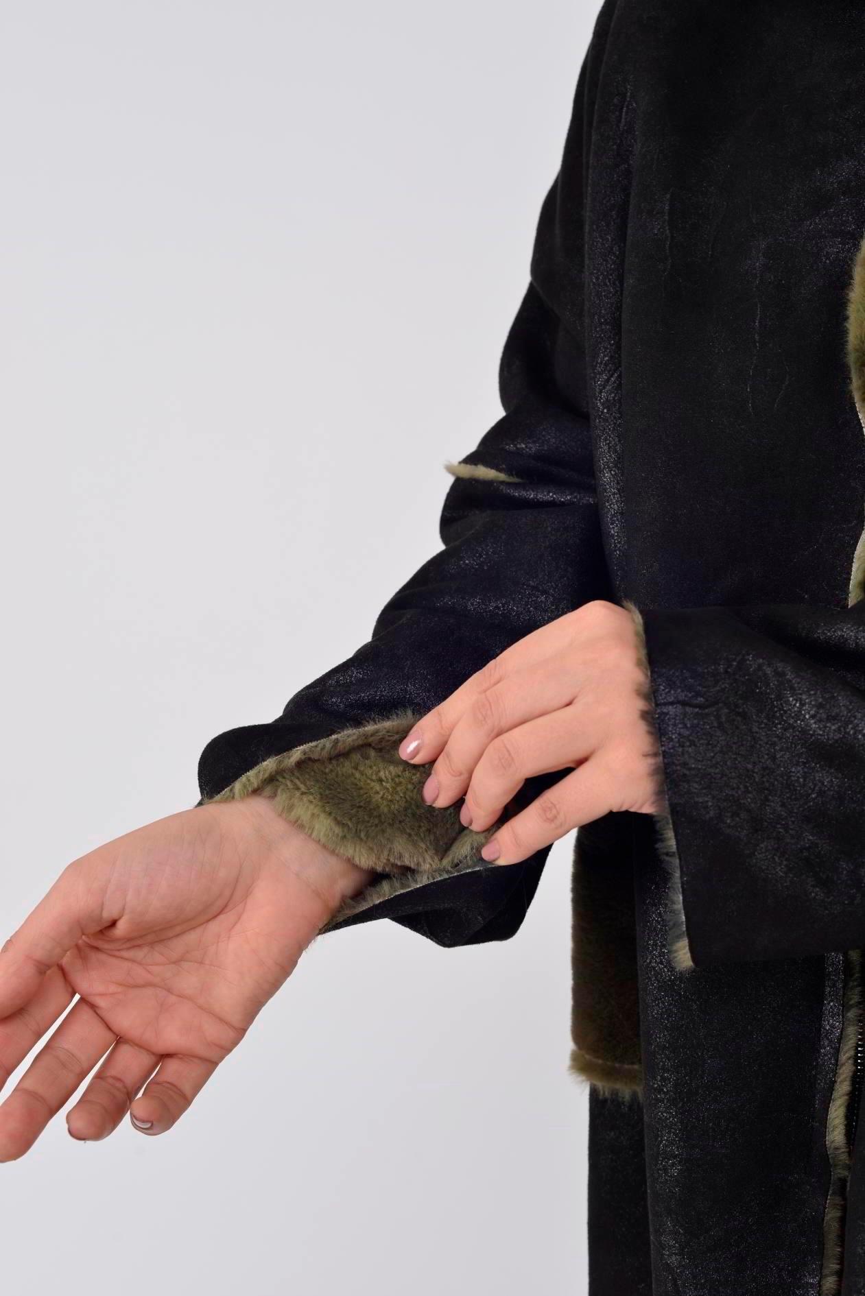 10299-13 Kamuflaj Desen İçi Polar Kapüşonlu Deri Kaban