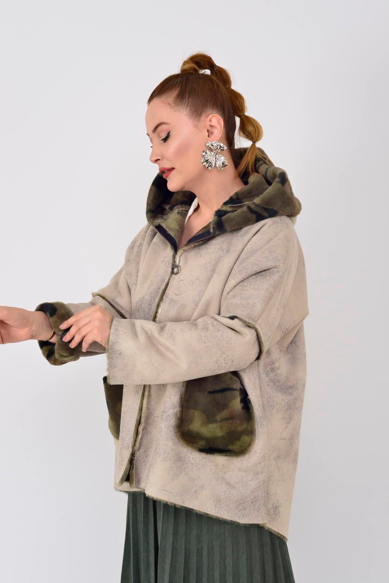 10299-13 Kamuflaj Desen İçi Polar Kapüşonlu Deri Kaban