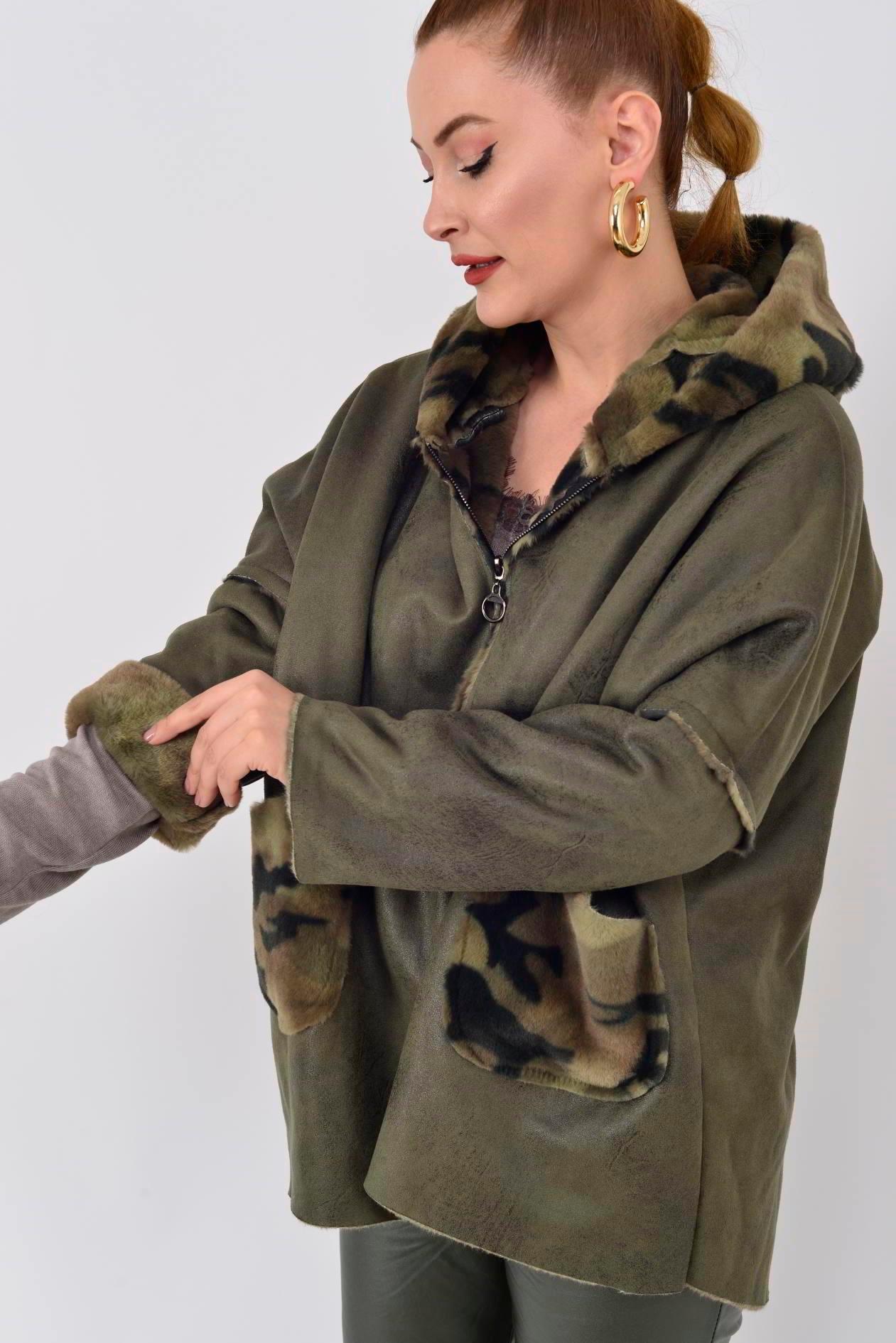 10299-13 Kamuflaj Desen İçi Polar Kapüşonlu Deri Kaban