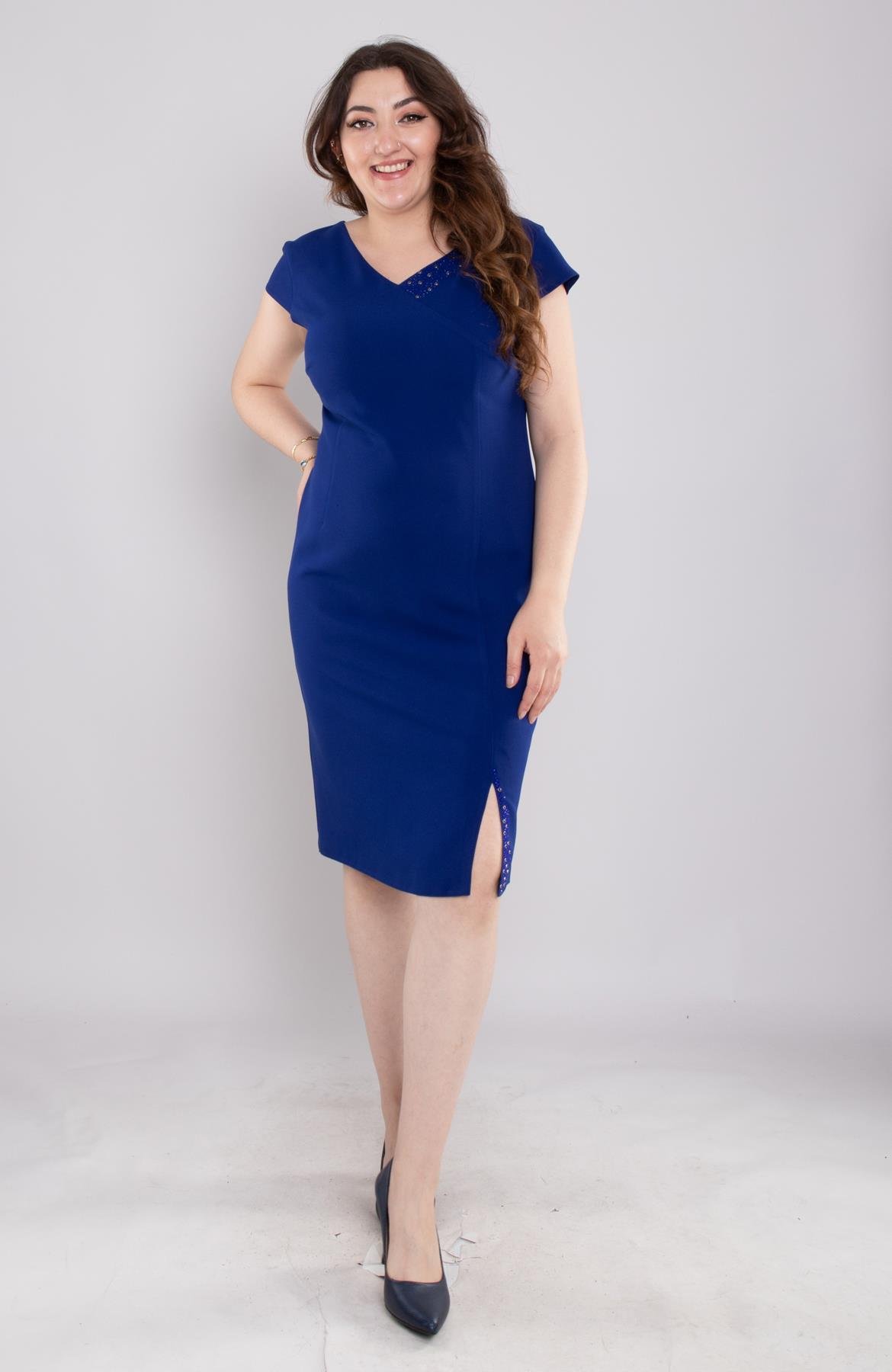 103 Büyük Beden Vyaka Patı Eteği Taşlı Kısa Krep Elbise