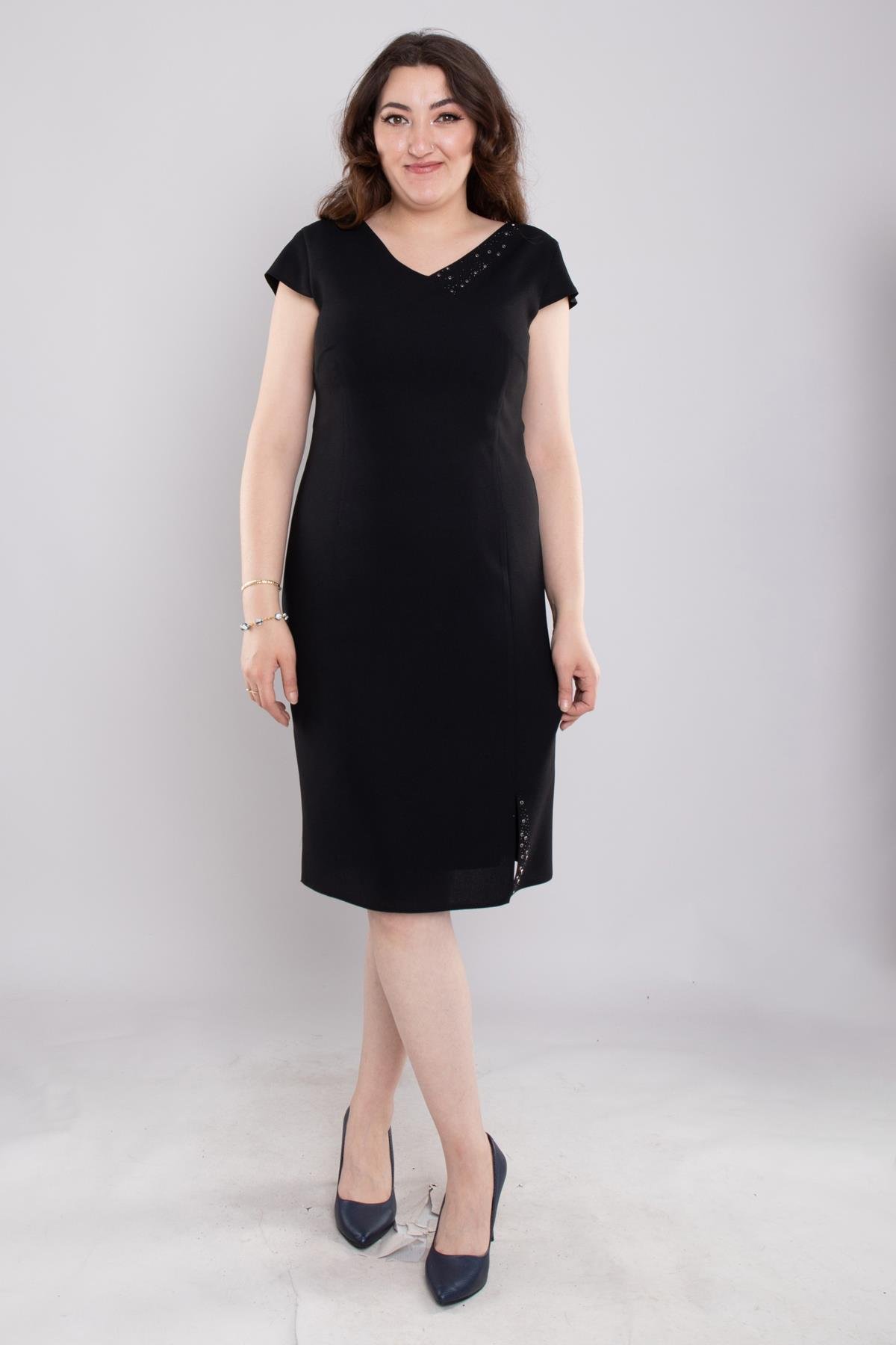 103 Büyük Beden Vyaka Patı Eteği Taşlı Kısa Krep Elbise