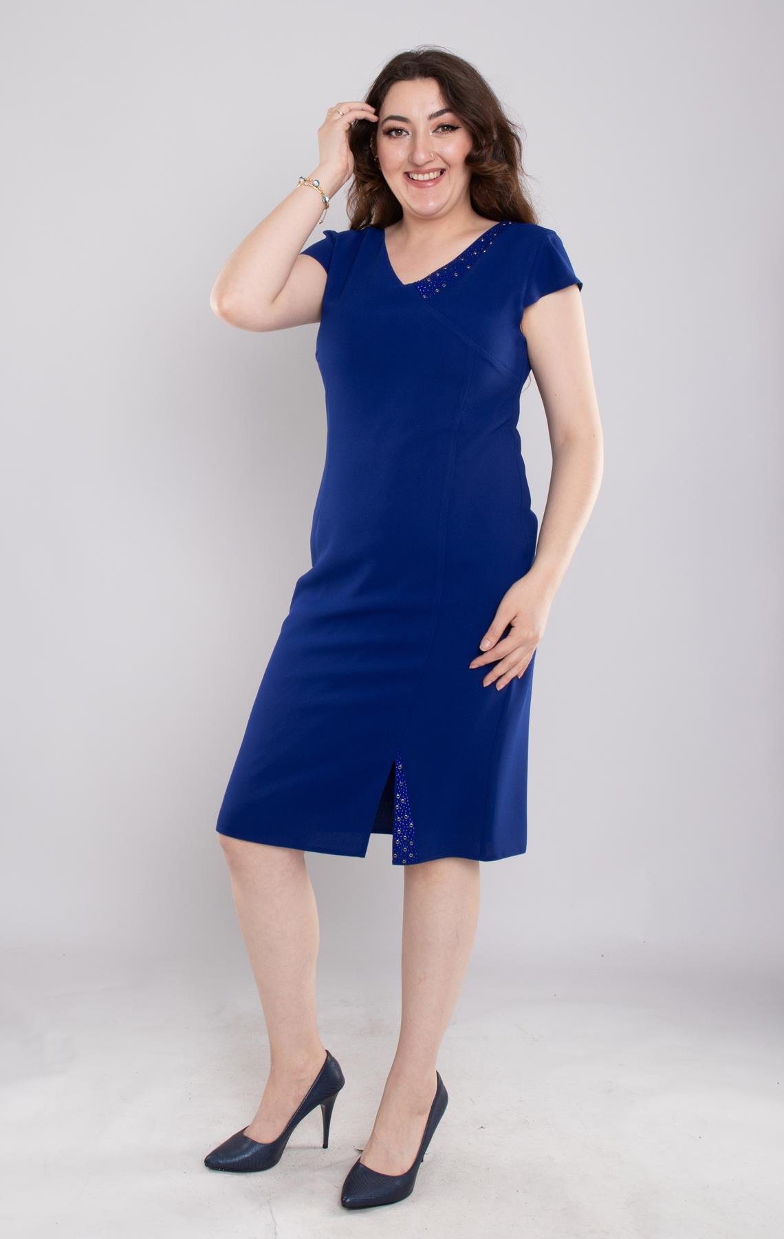 103 Büyük Beden Vyaka Patı Eteği Taşlı Kısa Krep Elbise