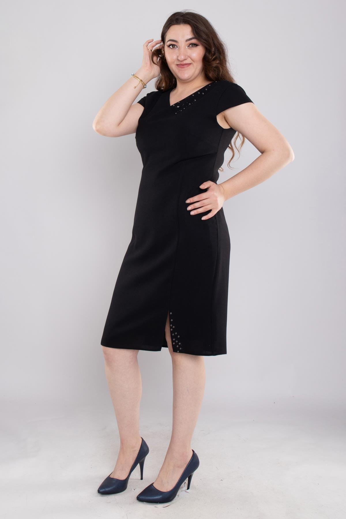 103 Büyük Beden Vyaka Patı Eteği Taşlı Kısa Krep Elbise