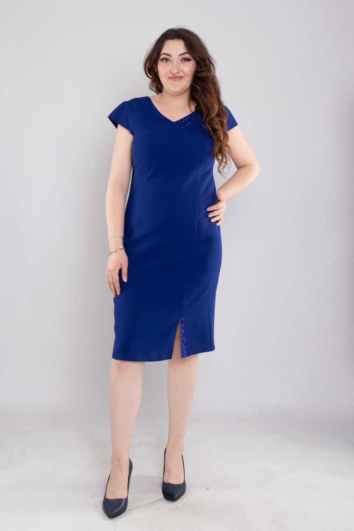 103 Büyük Beden Vyaka Patı Eteği Taşlı Kısa Krep Elbise