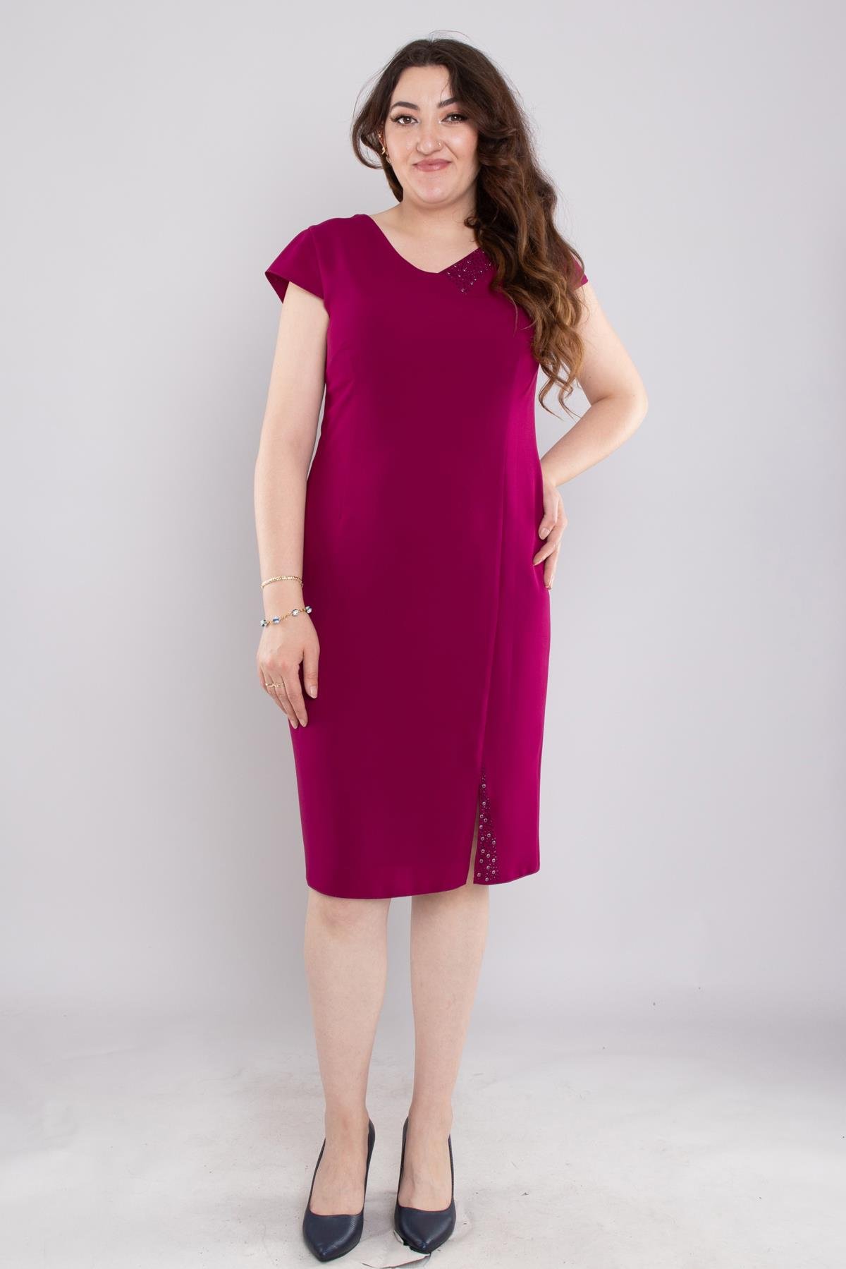 103 Büyük Beden Vyaka Patı Eteği Taşlı Kısa Krep Elbise