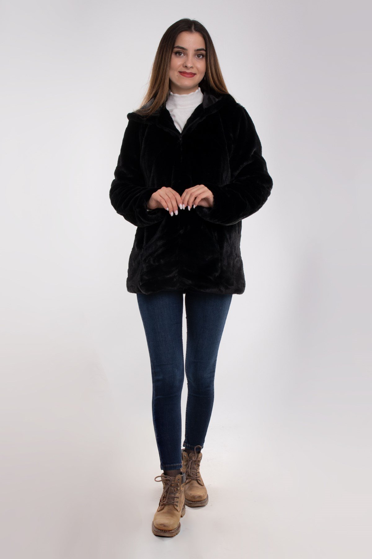 1030-1 Kapüşonlu Peluş Kürklü Ceket