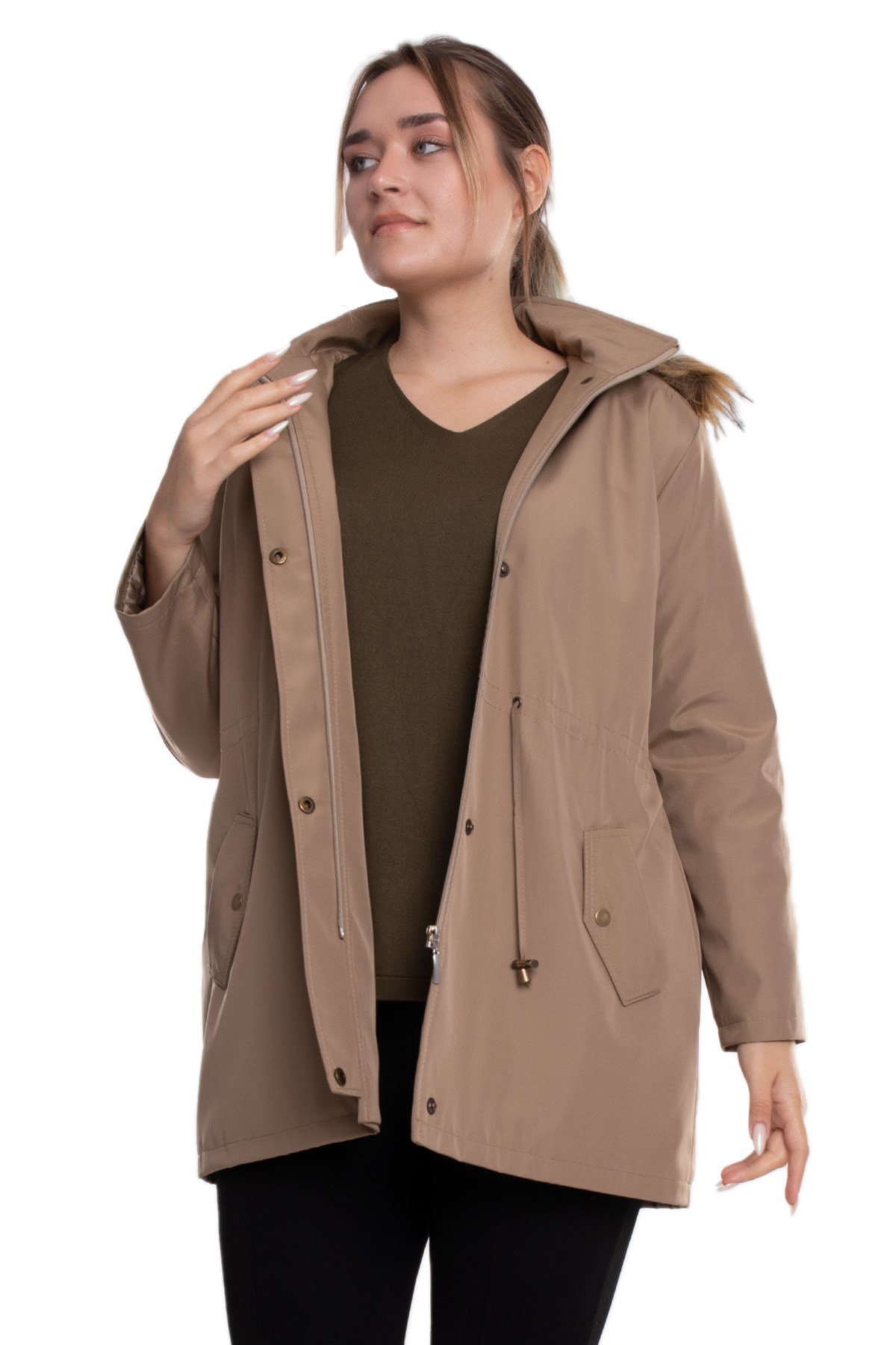 1033 Büyük Beden İçi Kürklü Cep Çıtçıtlı Beli Bağcıklı Kap