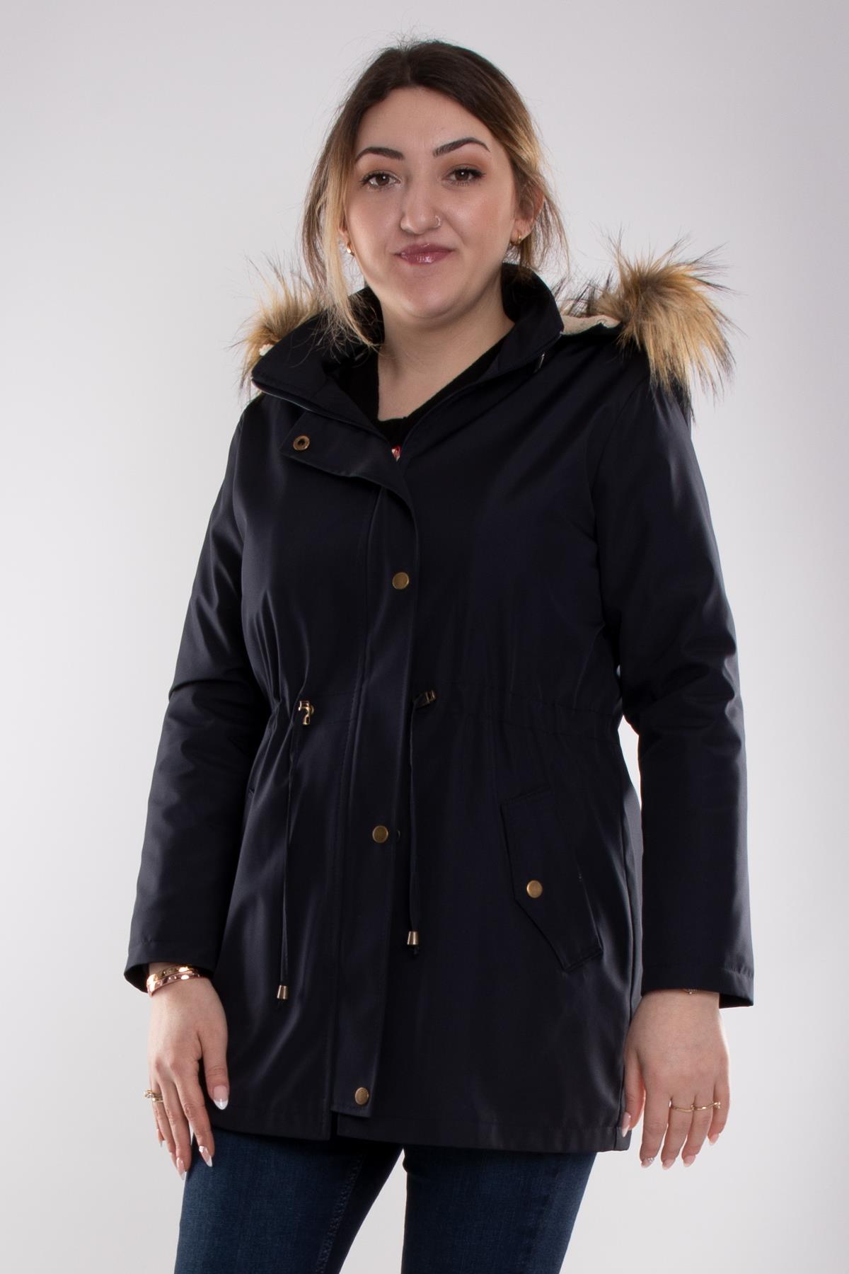 1033 Büyük Beden İçi Kürklü Cep Çıtçıtlı Beli Bağcıklı Kap