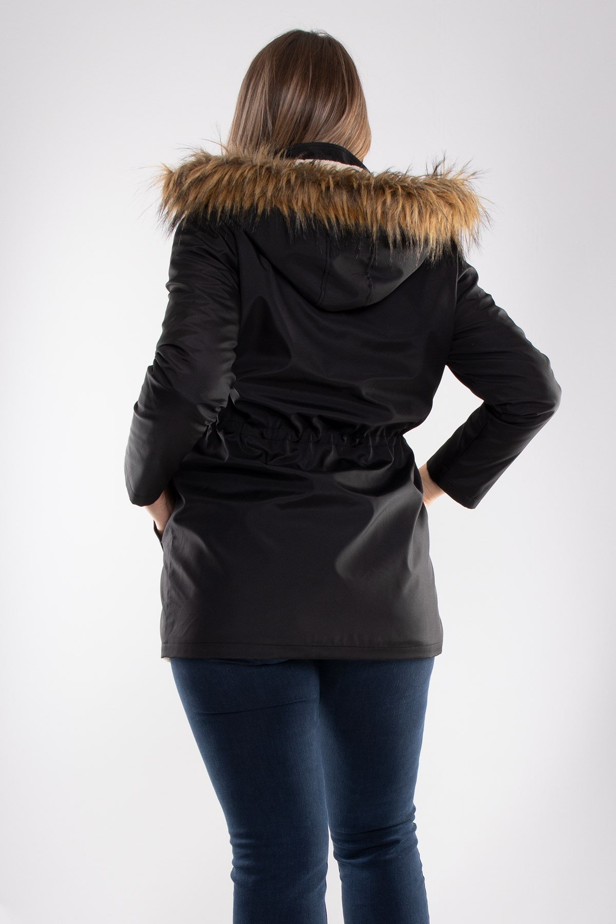 1033 Büyük Beden İçi Kürklü Cep Çıtçıtlı Beli Bağcıklı Kap