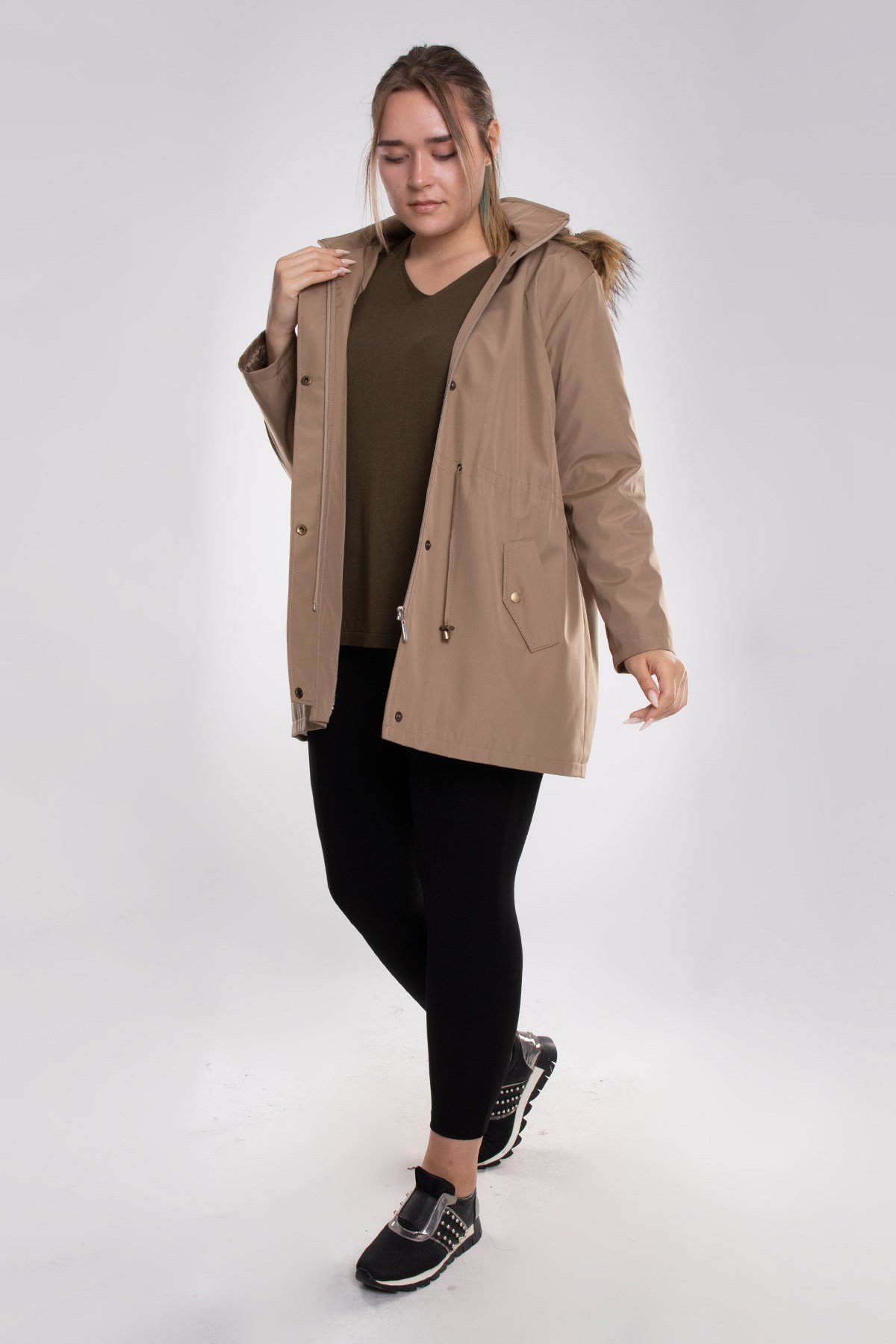 1033 Büyük Beden İçi Kürklü Cep Çıtçıtlı Beli Bağcıklı Kap