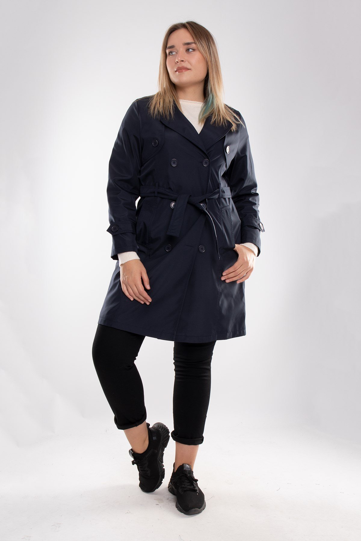 1035 Kolucu Apoletli Kuşaklı Uzun Trençkot