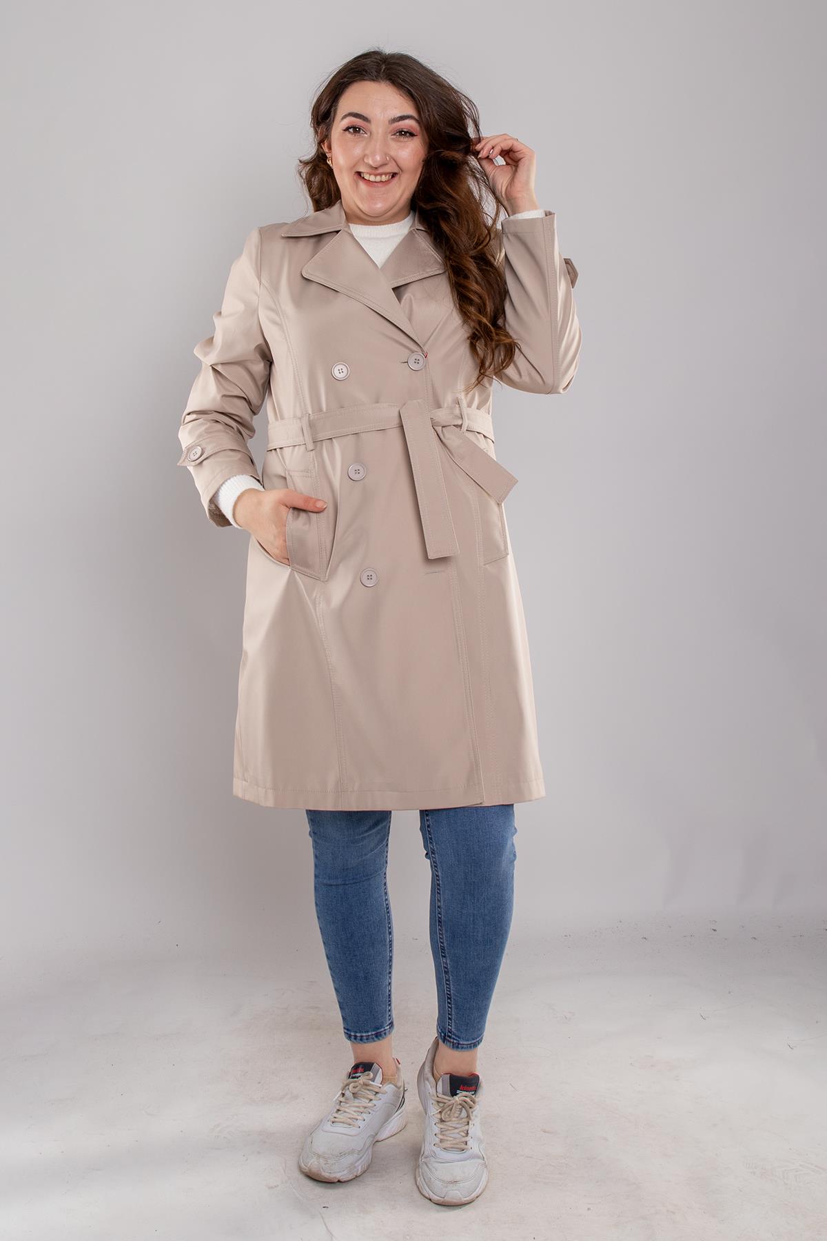 1035 Kolucu Apoletli Kuşaklı Uzun Trençkot