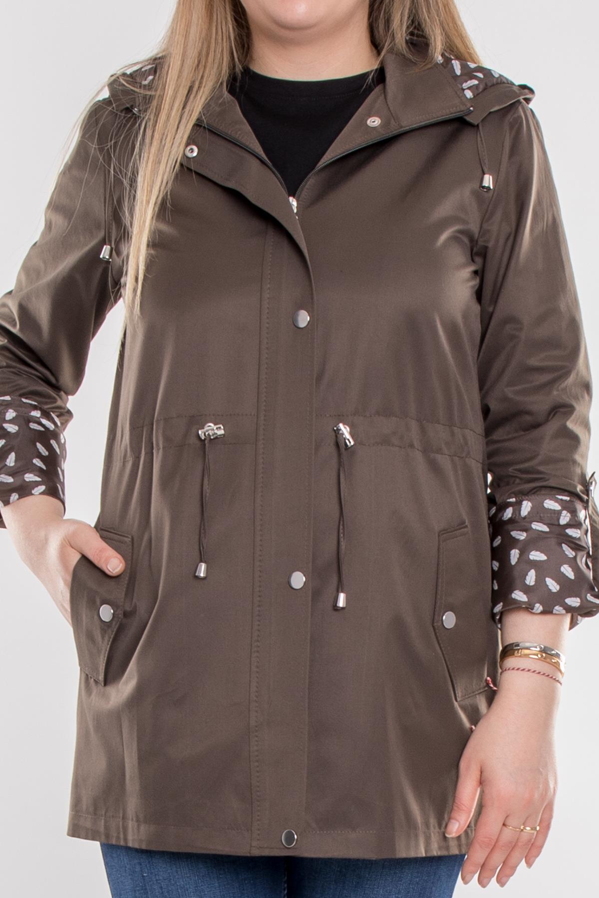 1037 Büyük Beden Cep Detay Kapüşonlu Beli Bağcıklı Kadın Trençkot