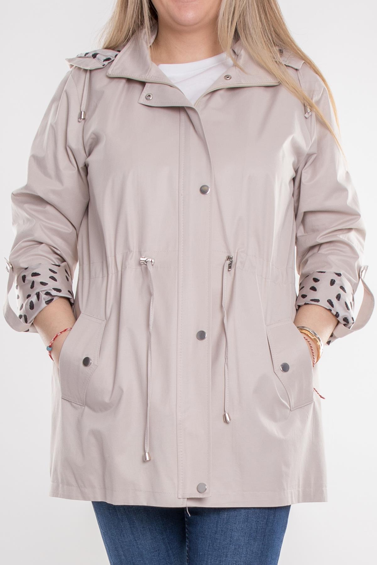 1037 Büyük Beden Cep Detay Kapüşonlu Beli Bağcıklı Kadın Trençkot