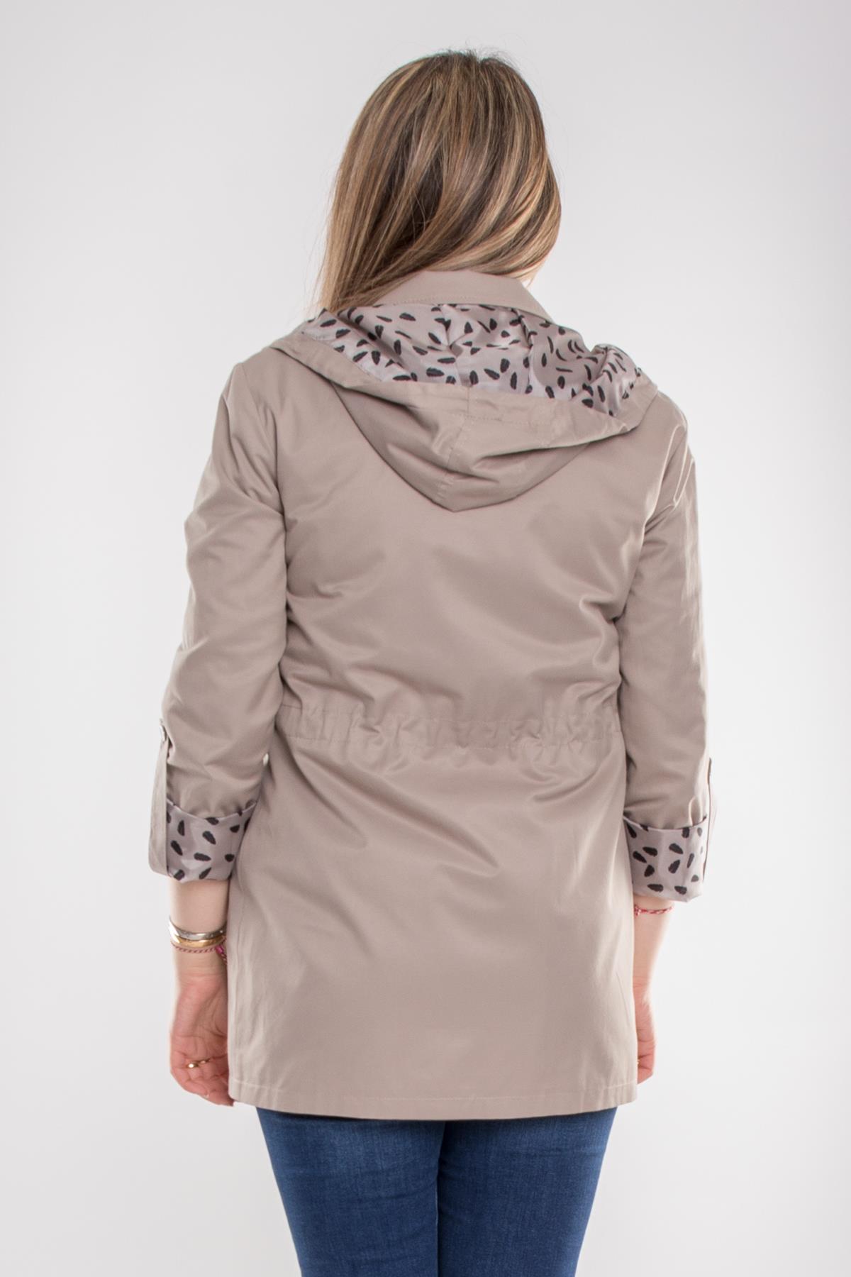 1037 Büyük Beden Cep Detay Kapüşonlu Beli Bağcıklı Kadın Trençkot