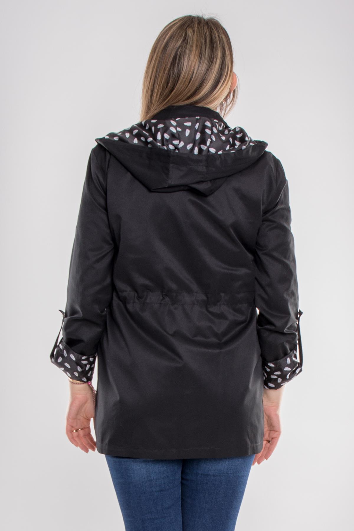 1037 Büyük Beden Cep Detay Kapüşonlu Beli Bağcıklı Kadın Trençkot