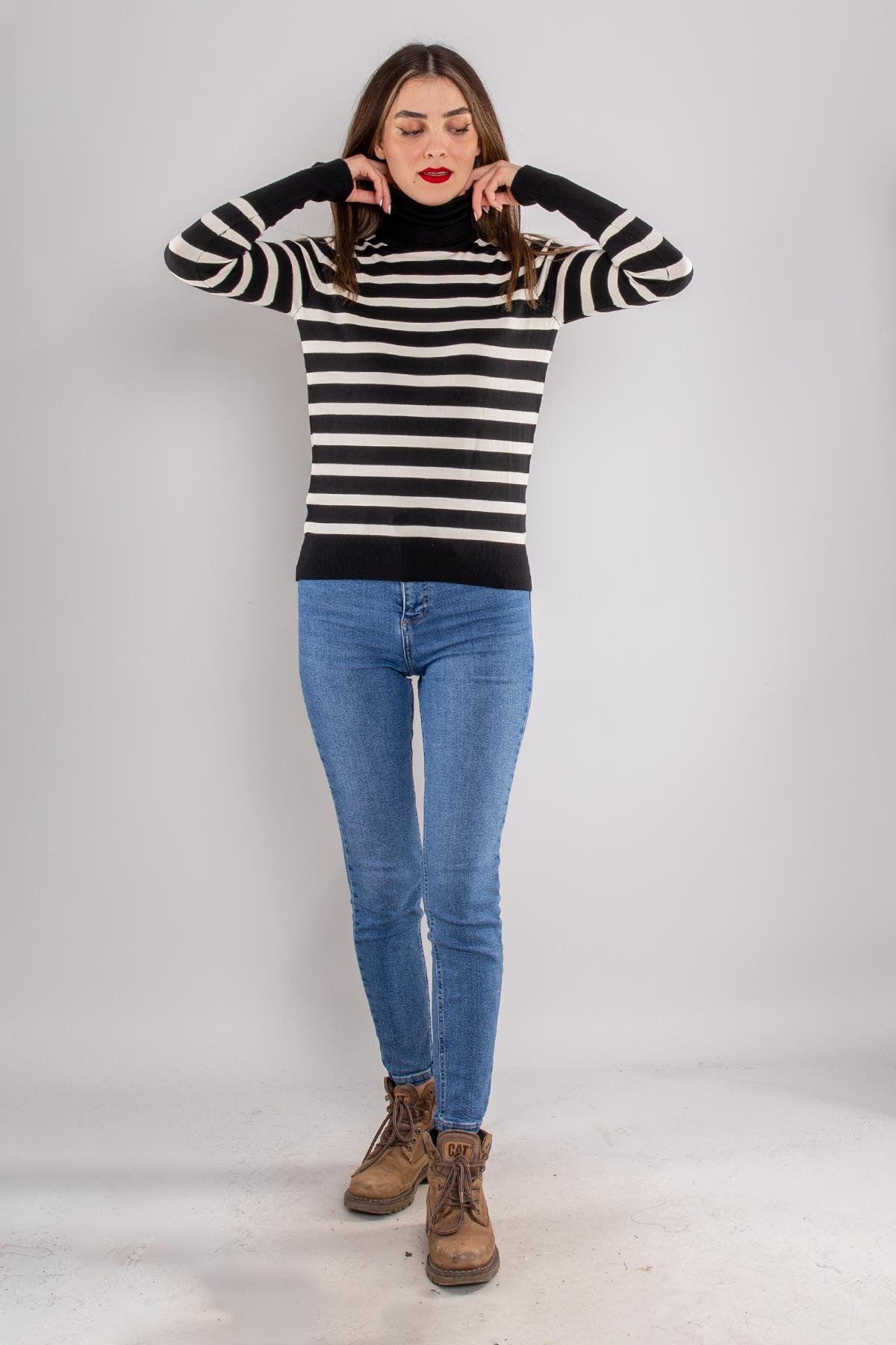 10432 Balıkçı Yaka Çizgili Droplu Triko Kazak