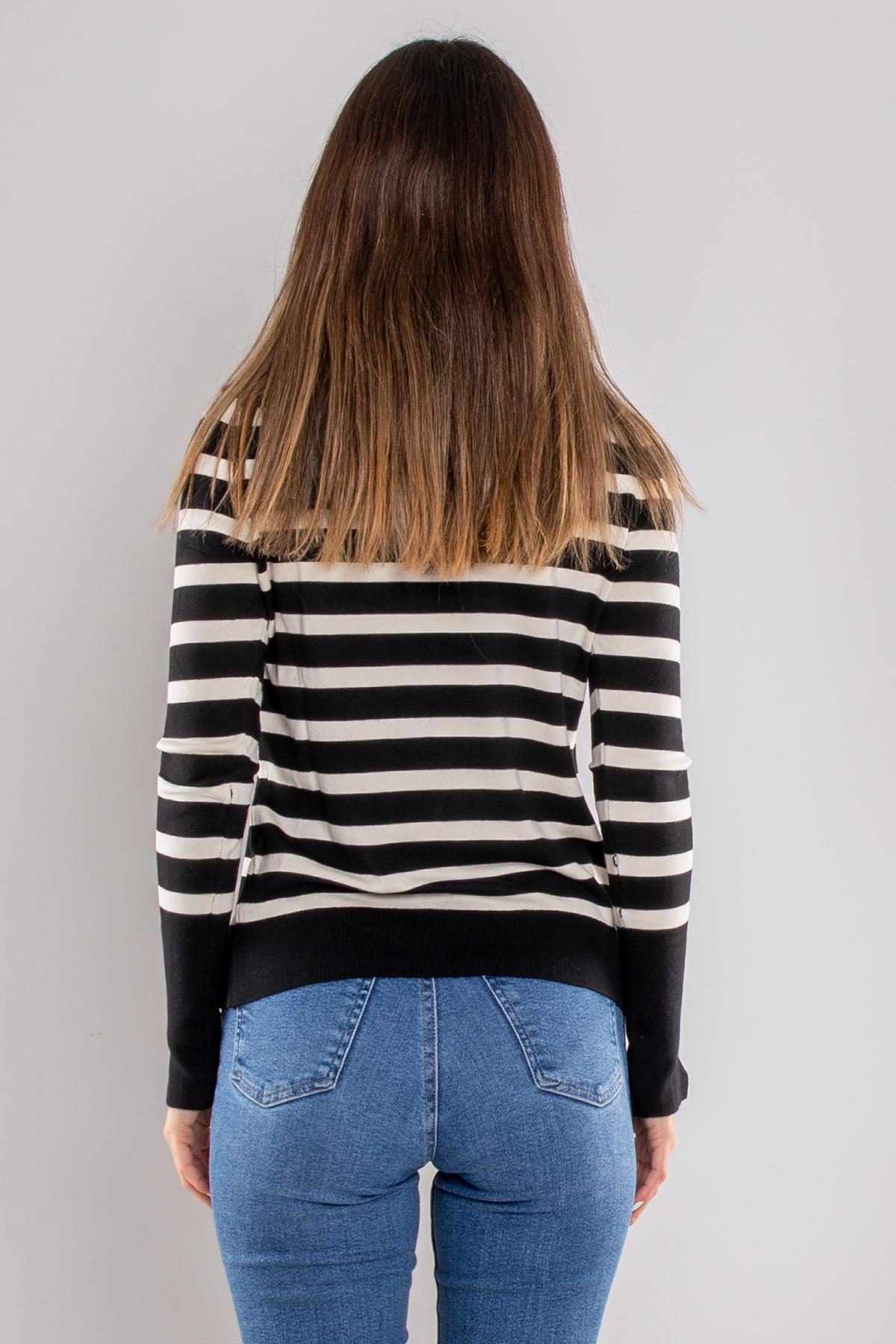 10432 Balıkçı Yaka Çizgili Droplu Triko Kazak