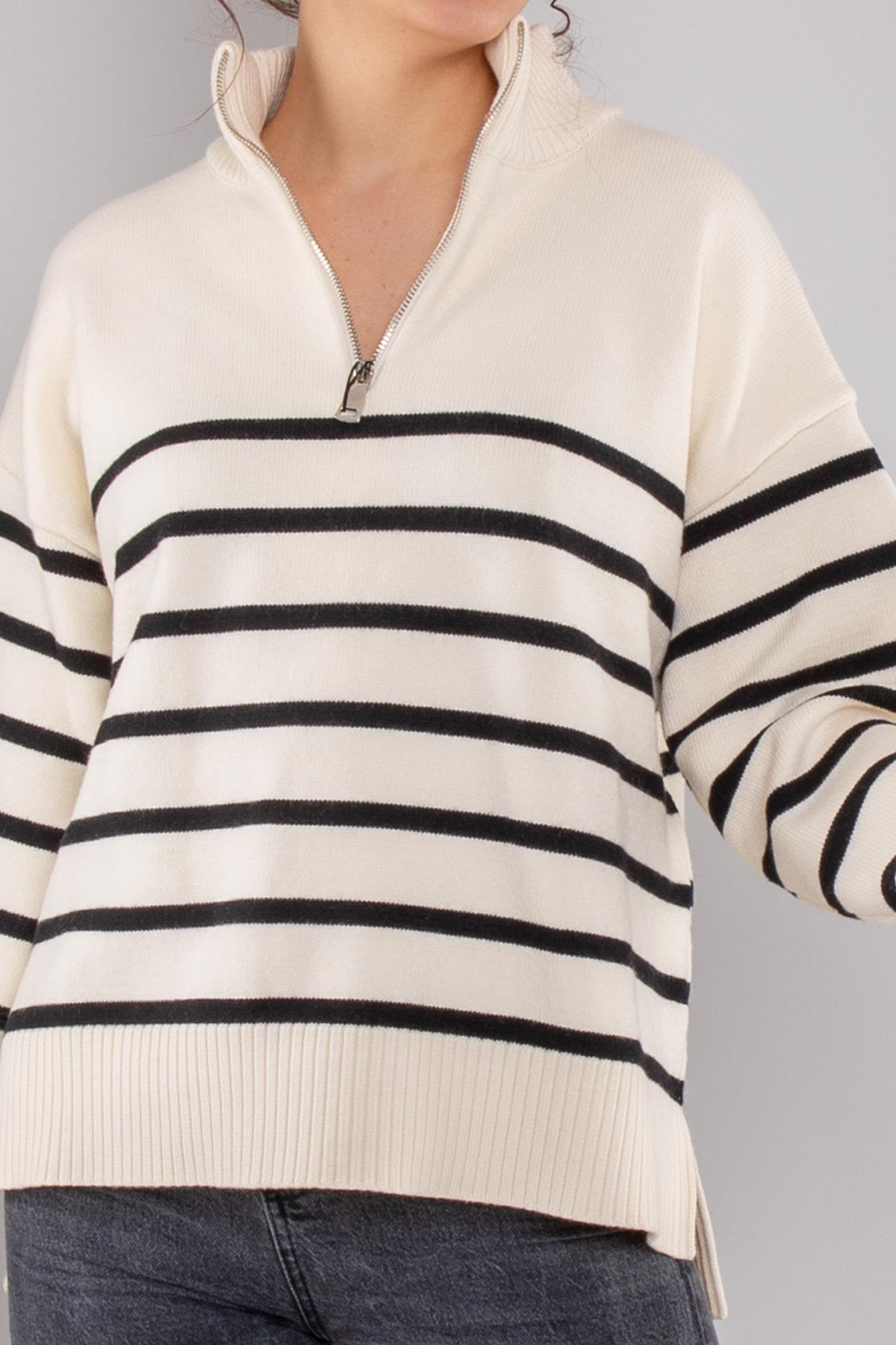 10436 Yarım Balıkçı Fermuarlı Çizgili Viscon Kazak