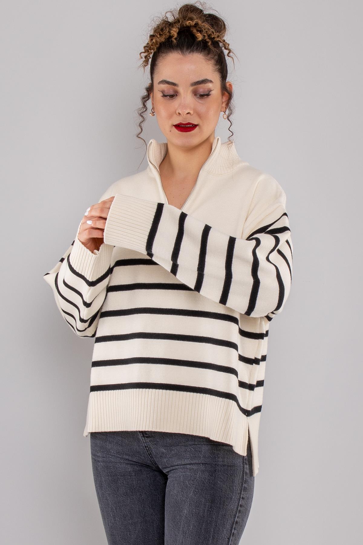 10436 Yarım Balıkçı Fermuarlı Çizgili Viscon Kazak