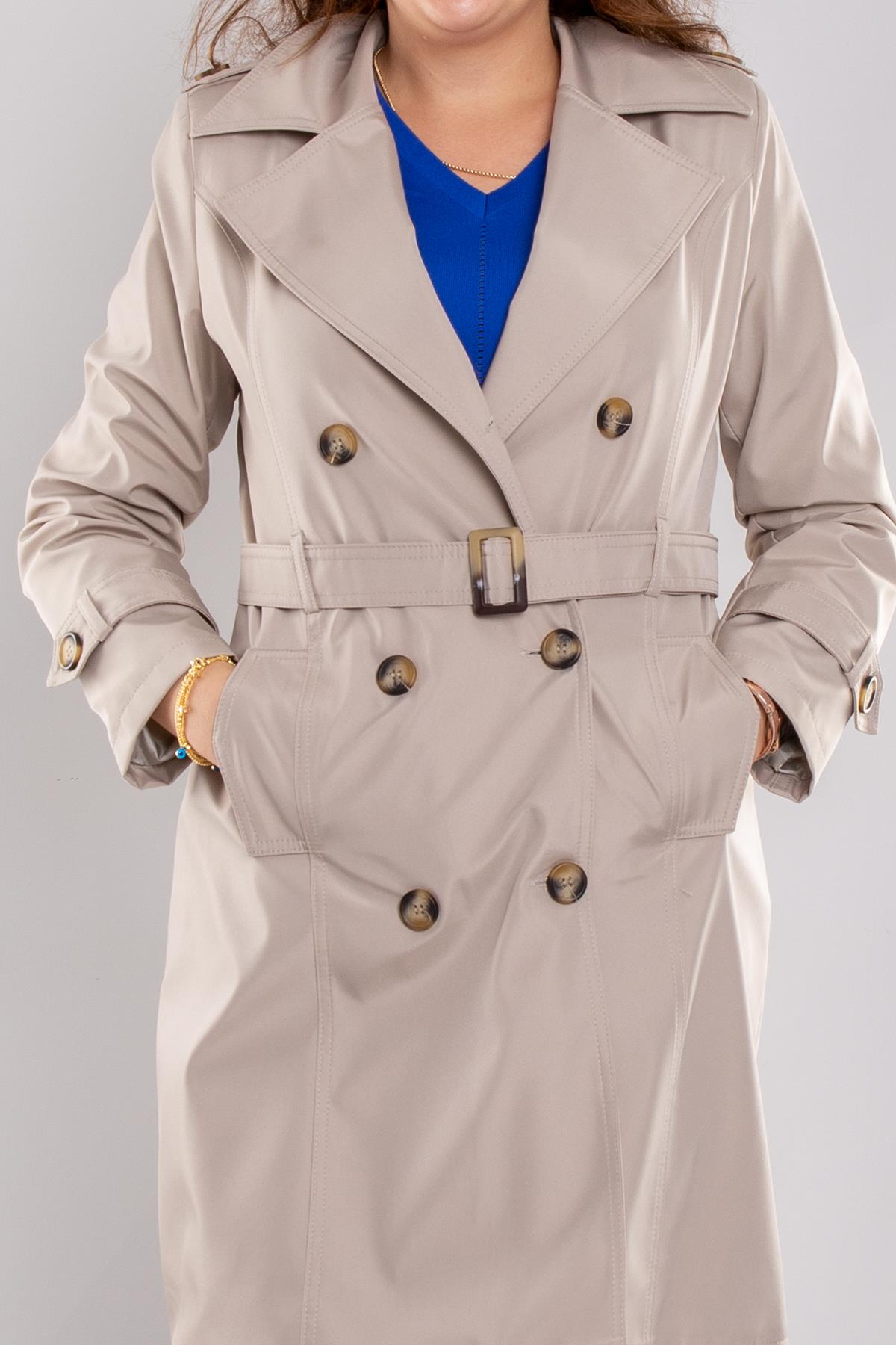 1046 Kuşaklı Düğmeli Midiboy Apolet Detaylı Trençkot