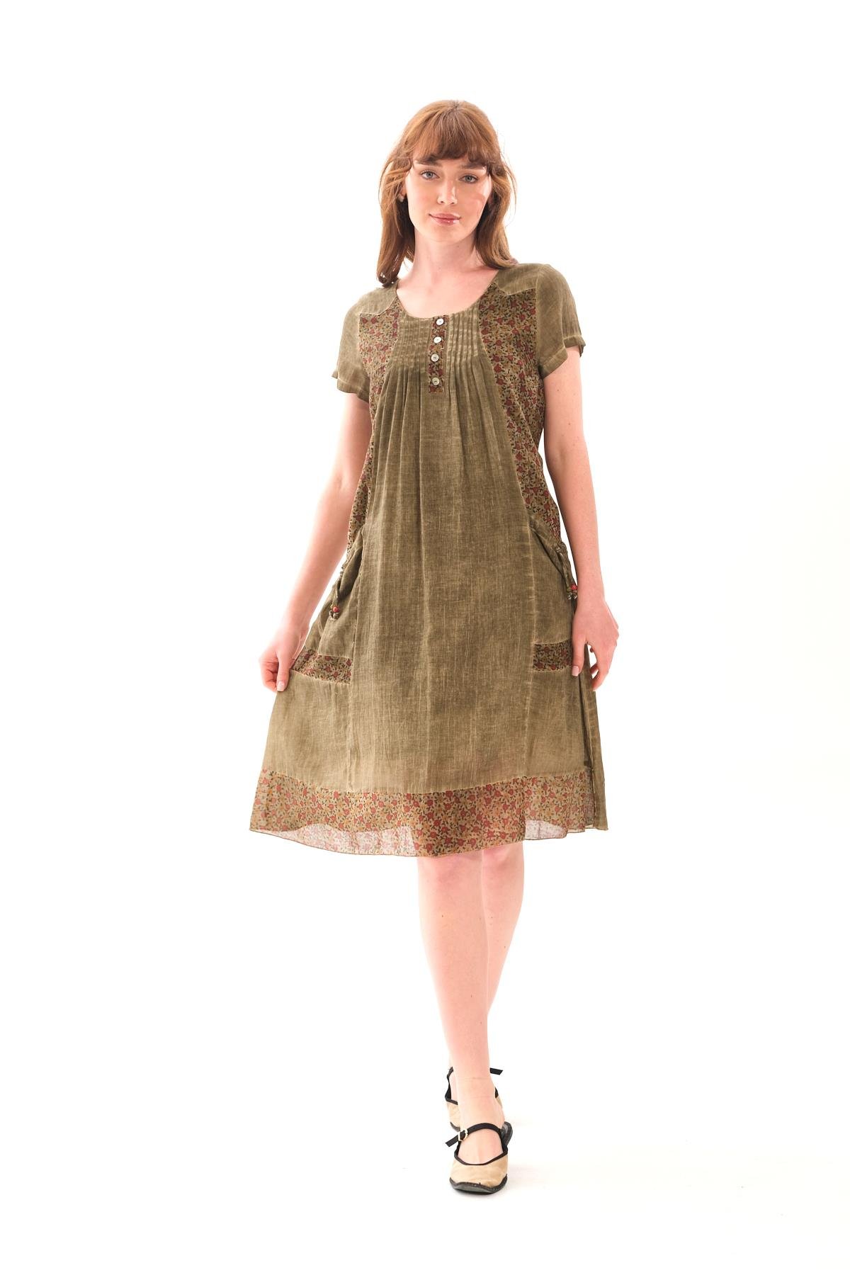 1047 Kısa Kol Cepli Yaka Büzgülü Pamuk Otantik Elbise