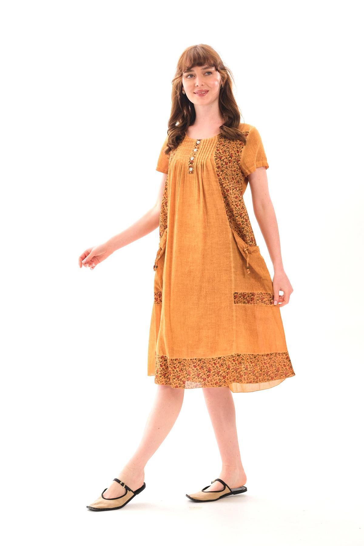 1047 Kısa Kol Cepli Yaka Büzgülü Pamuk Otantik Elbise