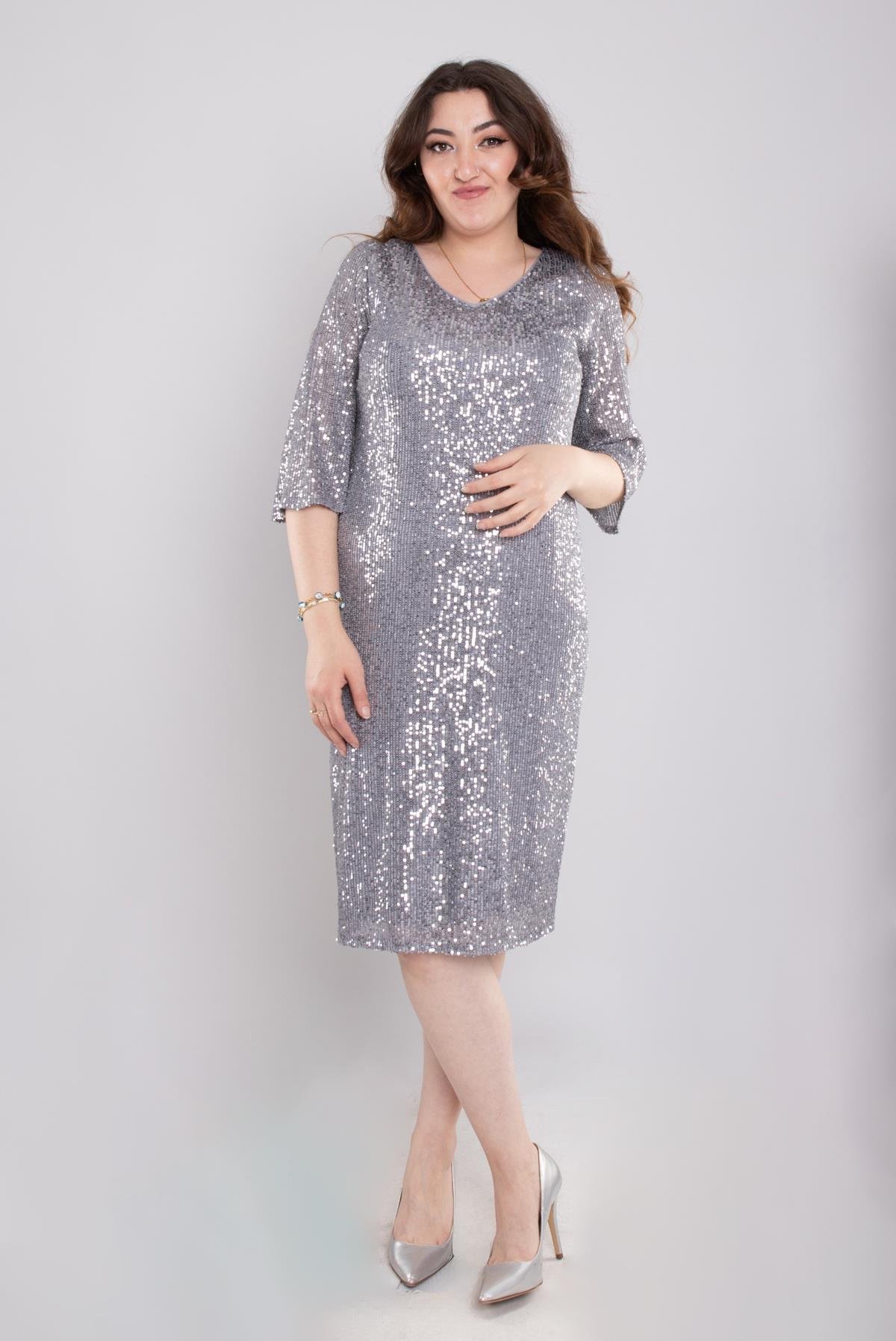 105 Büyük Beden Vyaka Pulpayet Truvakar Kol Kısa Elbise