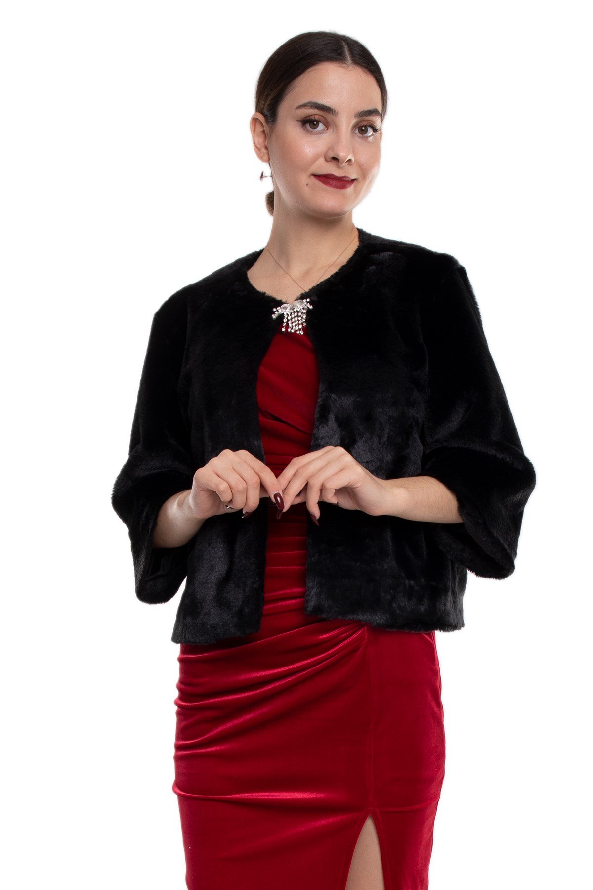 1055 Büyük Beden Broşlu Kürklü Kısa Ceket