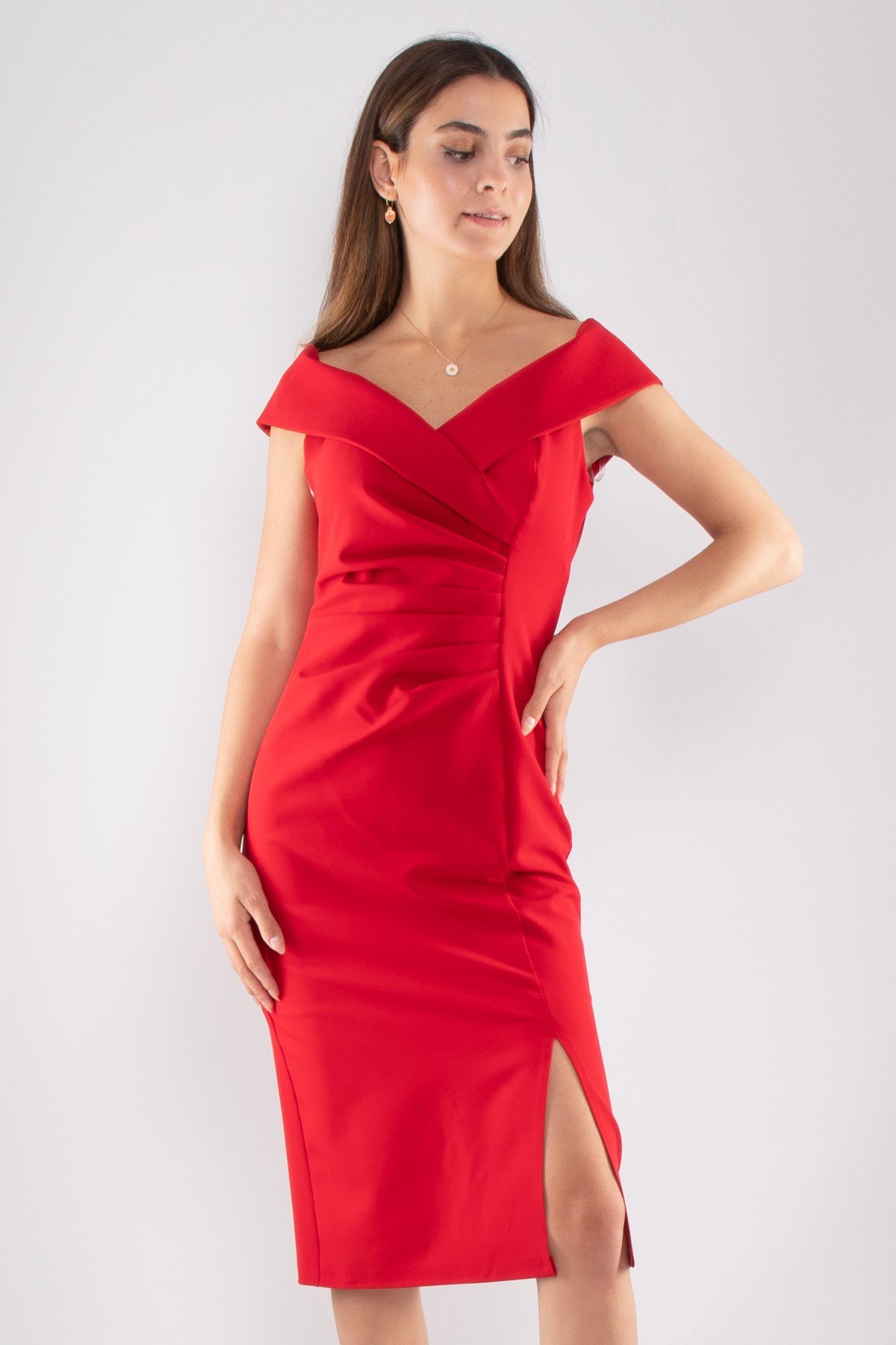 1057 Madonna Yaka Beli Drape Midiboy Krep Elbise