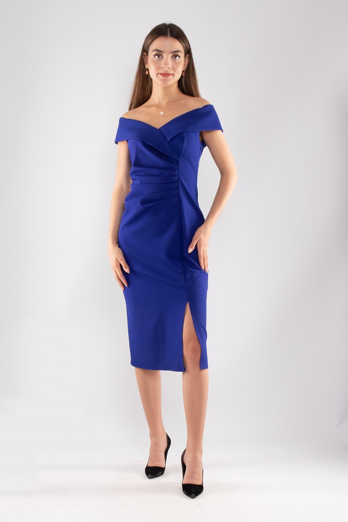 1057 Madonna Yaka Beli Drape Midiboy Krep Elbise