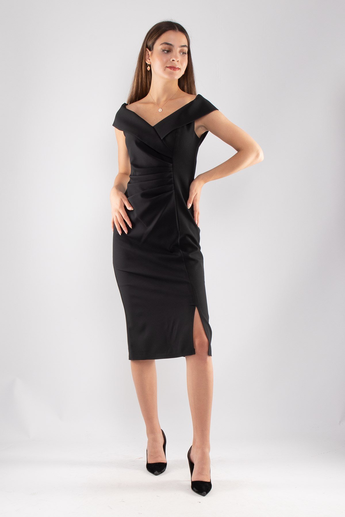 1057 Madonna Yaka Beli Drape Midiboy Krep Elbise