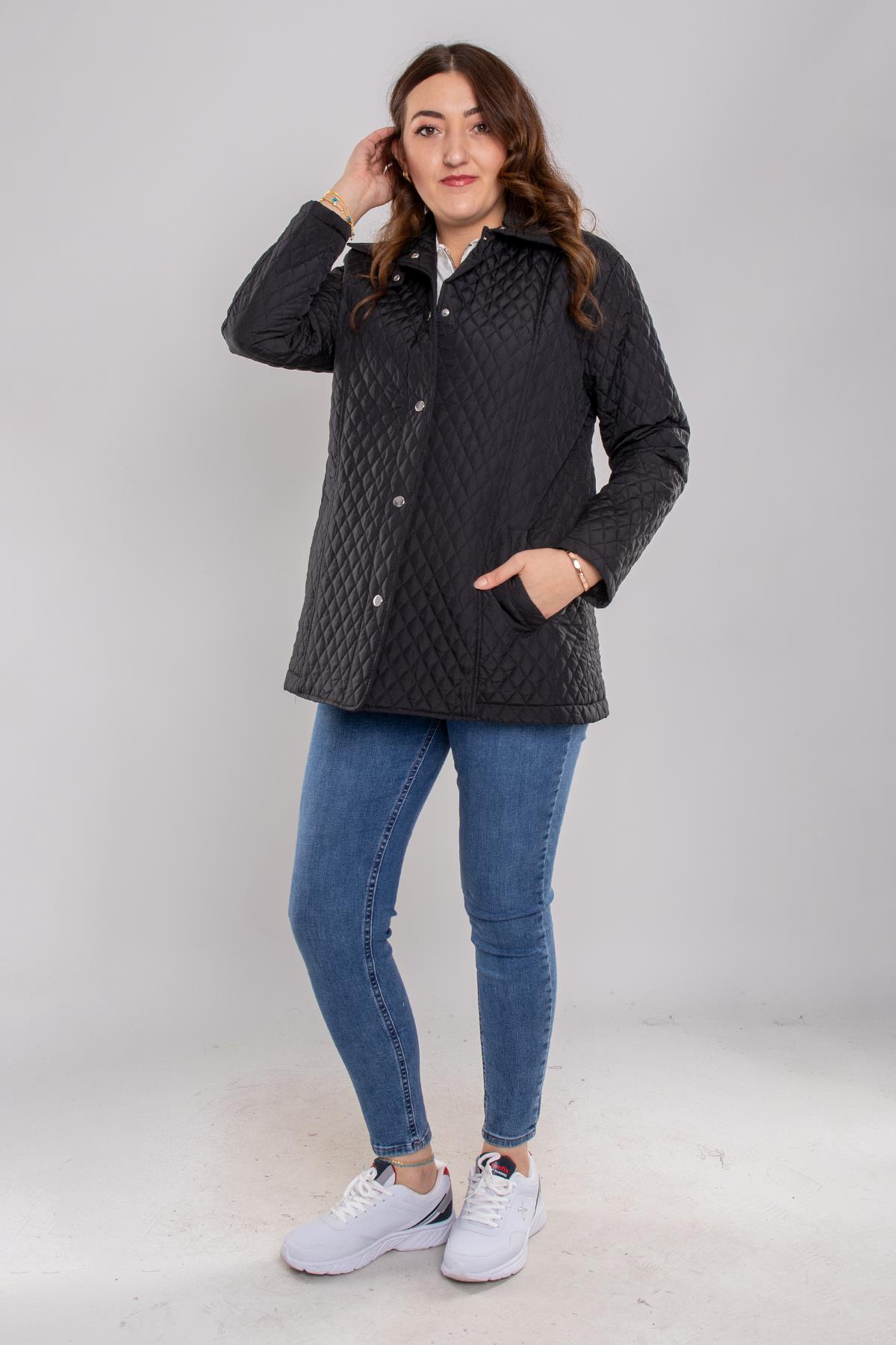 1058 Büyük Beden Mini Baklava Desen Çıtçıtlı Astarlı Kadın Mont