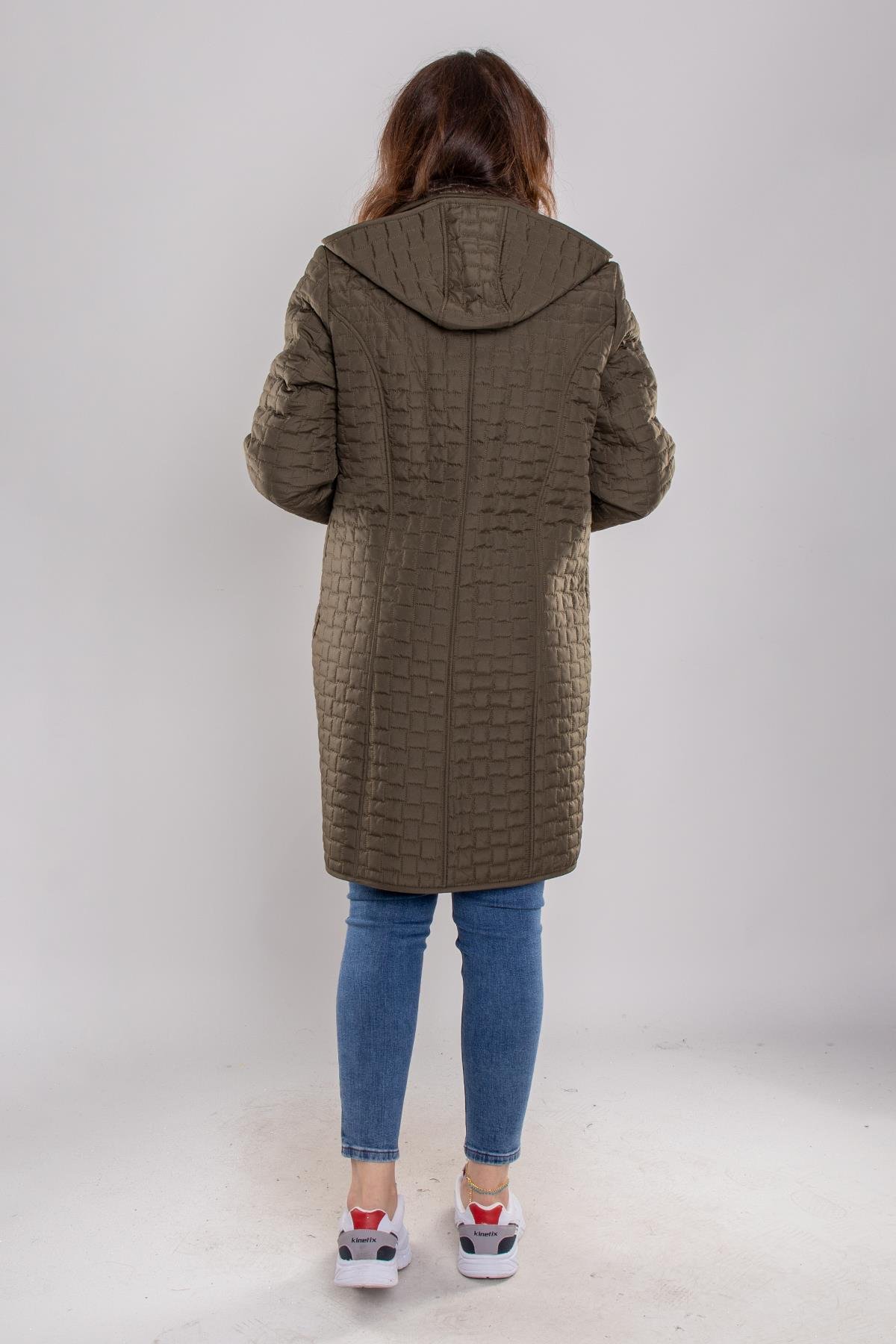 1061 Büyük Beden Kapitone Kapüşonlu İçi Kürklü Mont