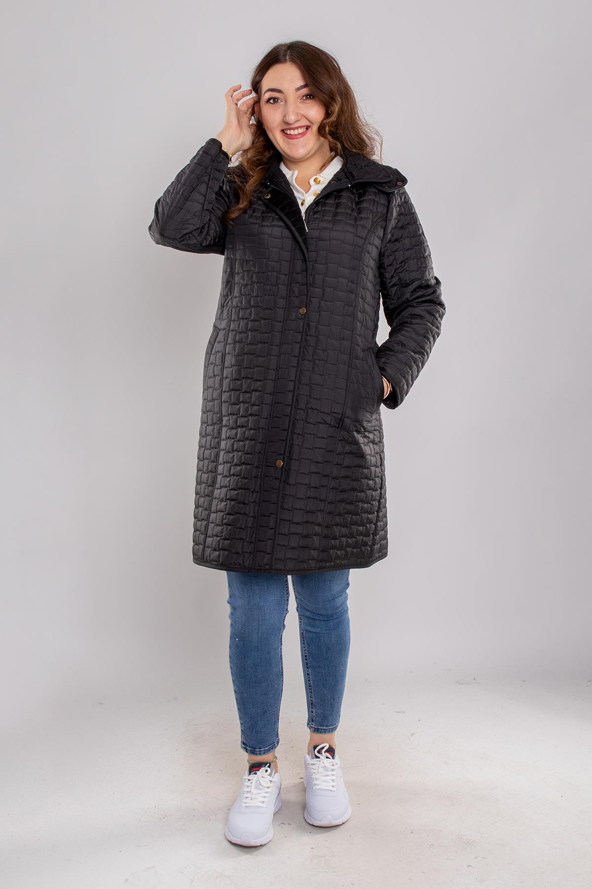 1061 Büyük Beden Kapitone Kapüşonlu İçi Kürklü Mont