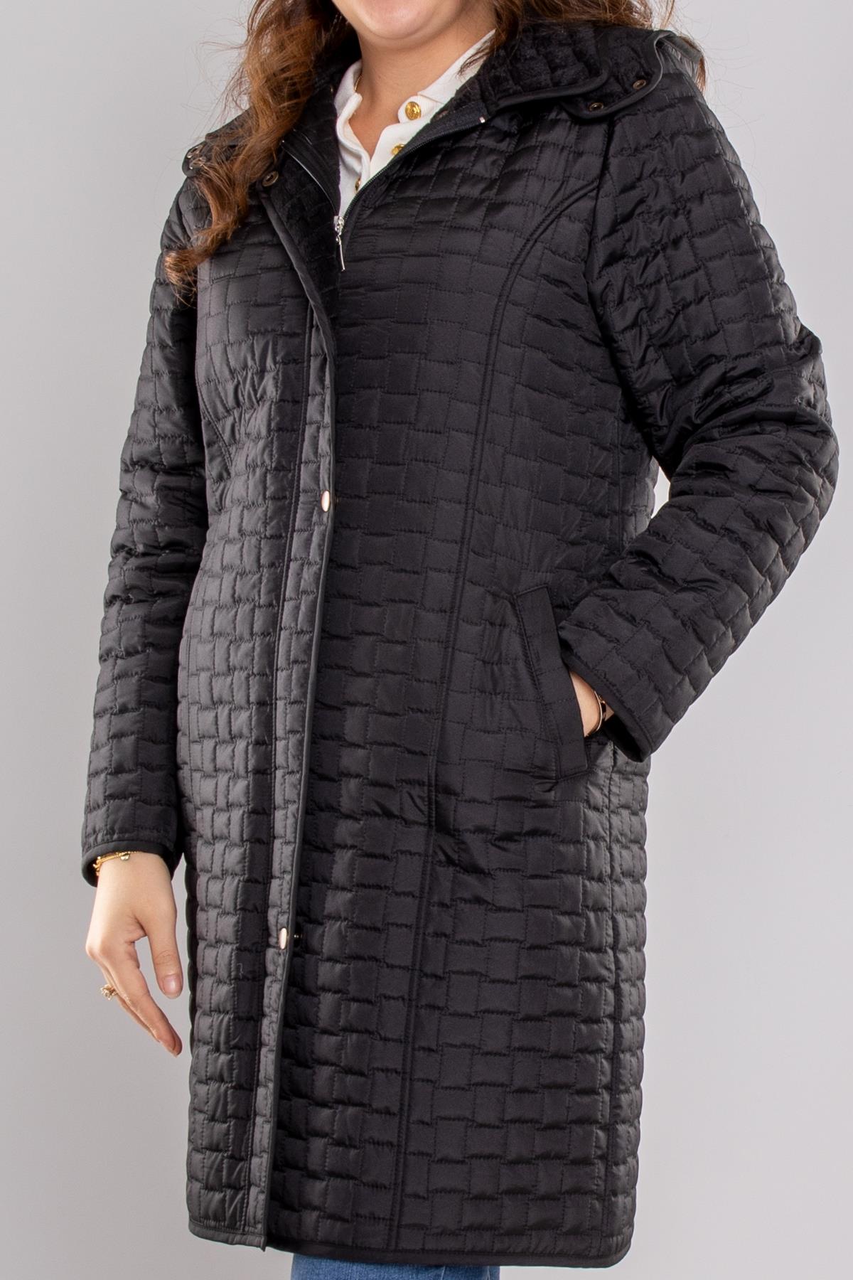 1061 Büyük Beden Kapitone Kapüşonlu İçi Kürklü Mont