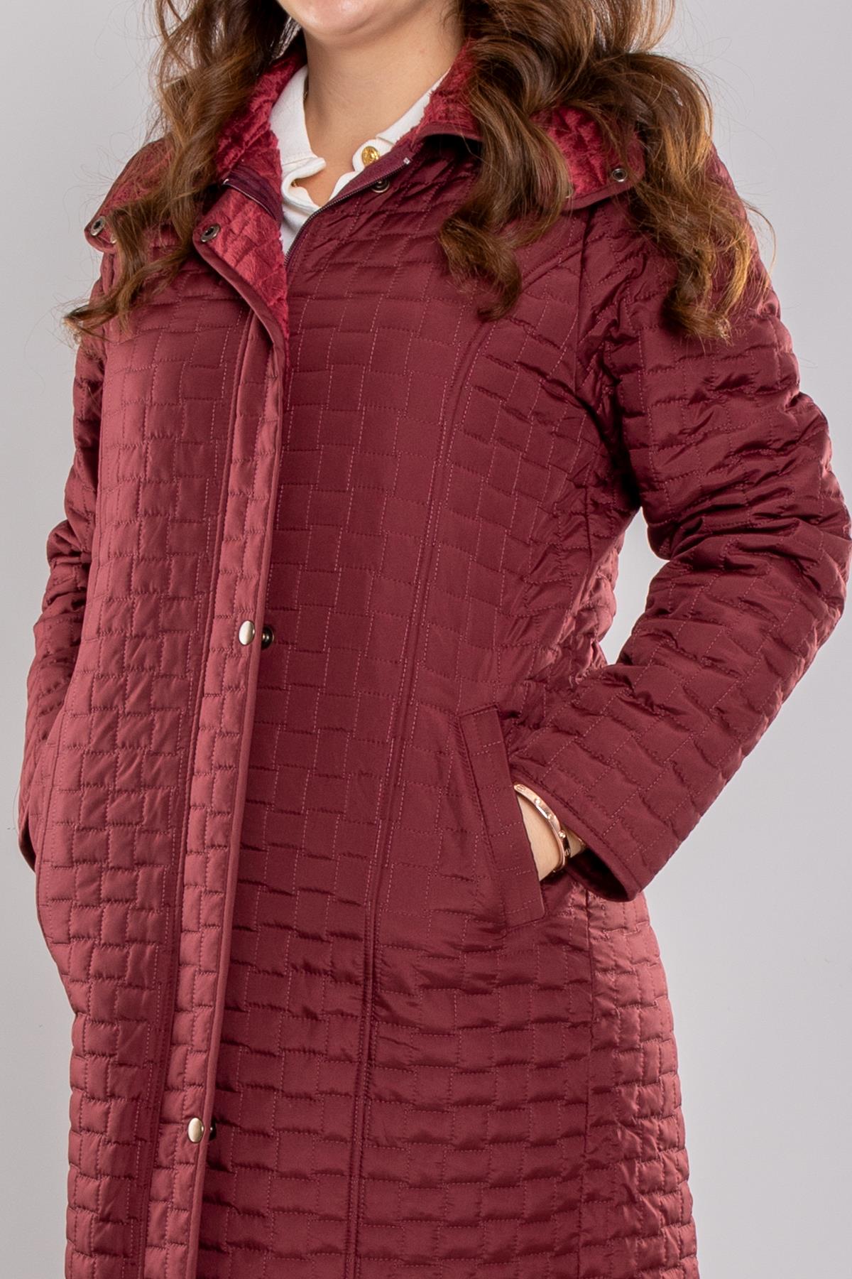 1061 Büyük Beden Kapitone Kapüşonlu İçi Kürklü Mont