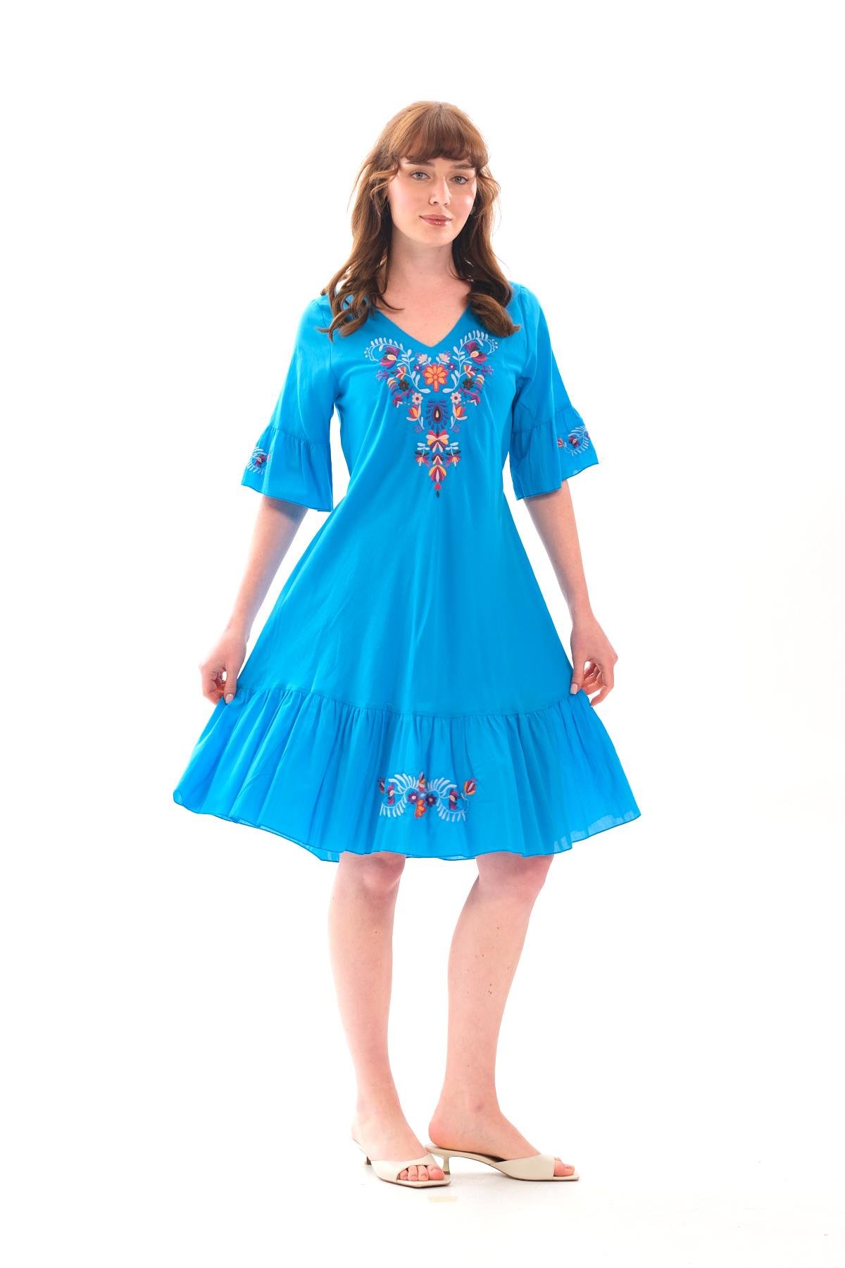 1068 Kol Eteği Valonlu Vyaka Nakışlı Otantik Elbise