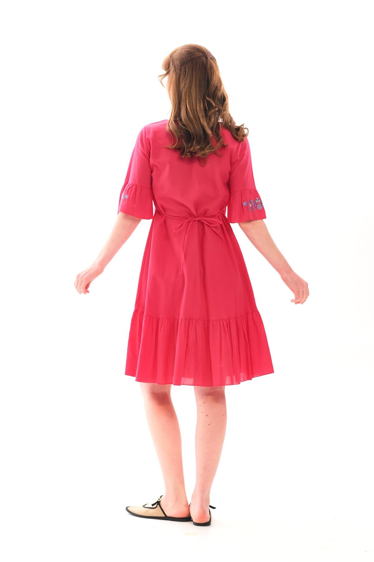 1068 Kol Eteği Valonlu Vyaka Nakışlı Otantik Elbise