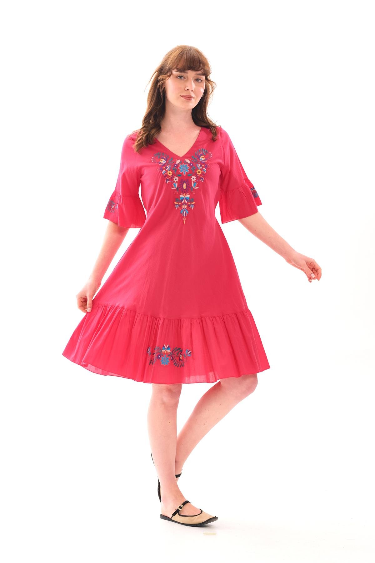 1068 Kol Eteği Valonlu Vyaka Nakışlı Otantik Elbise