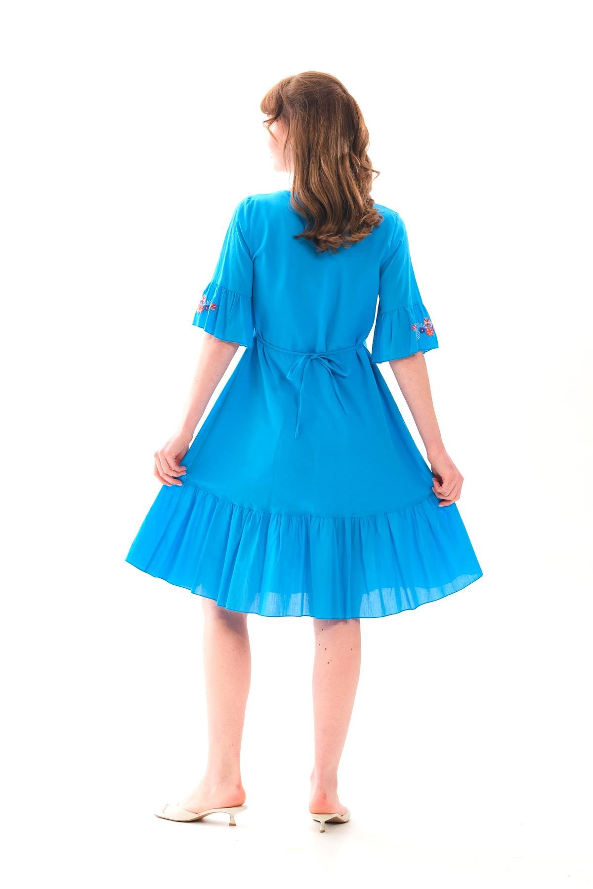 1068 Kol Eteği Valonlu Vyaka Nakışlı Otantik Elbise