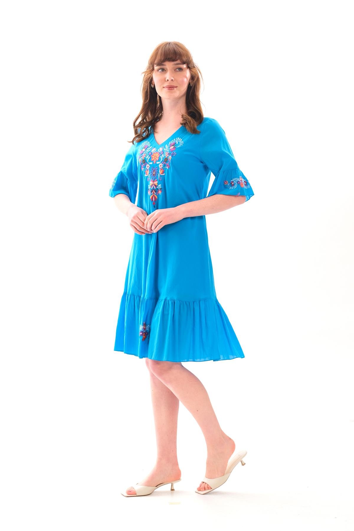 1068 Kol Eteği Valonlu Vyaka Nakışlı Otantik Elbise