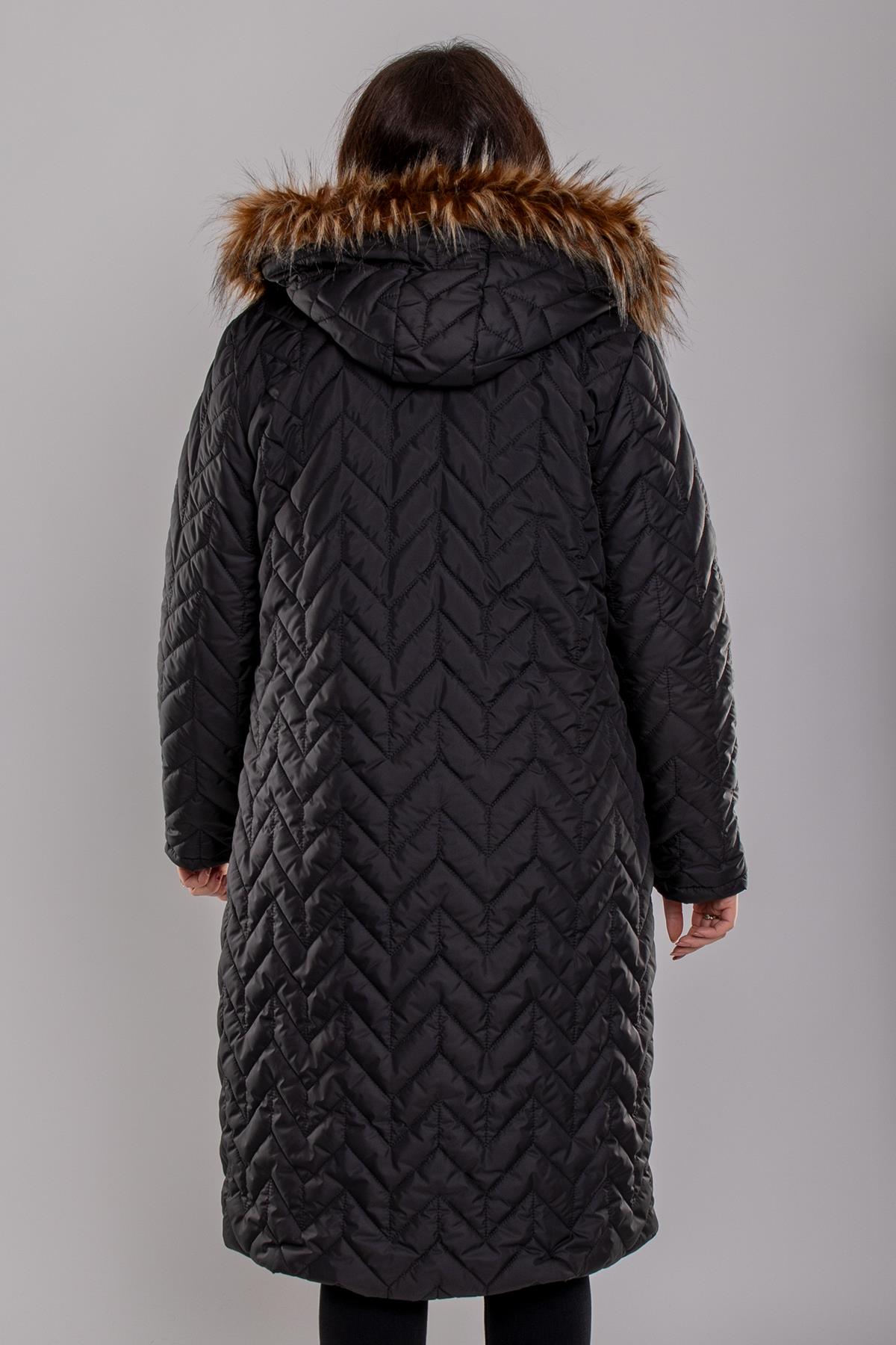 1074 Büyük Beden Kapüşonu Kürklü Zigzag Desen Elyaflı Kaban