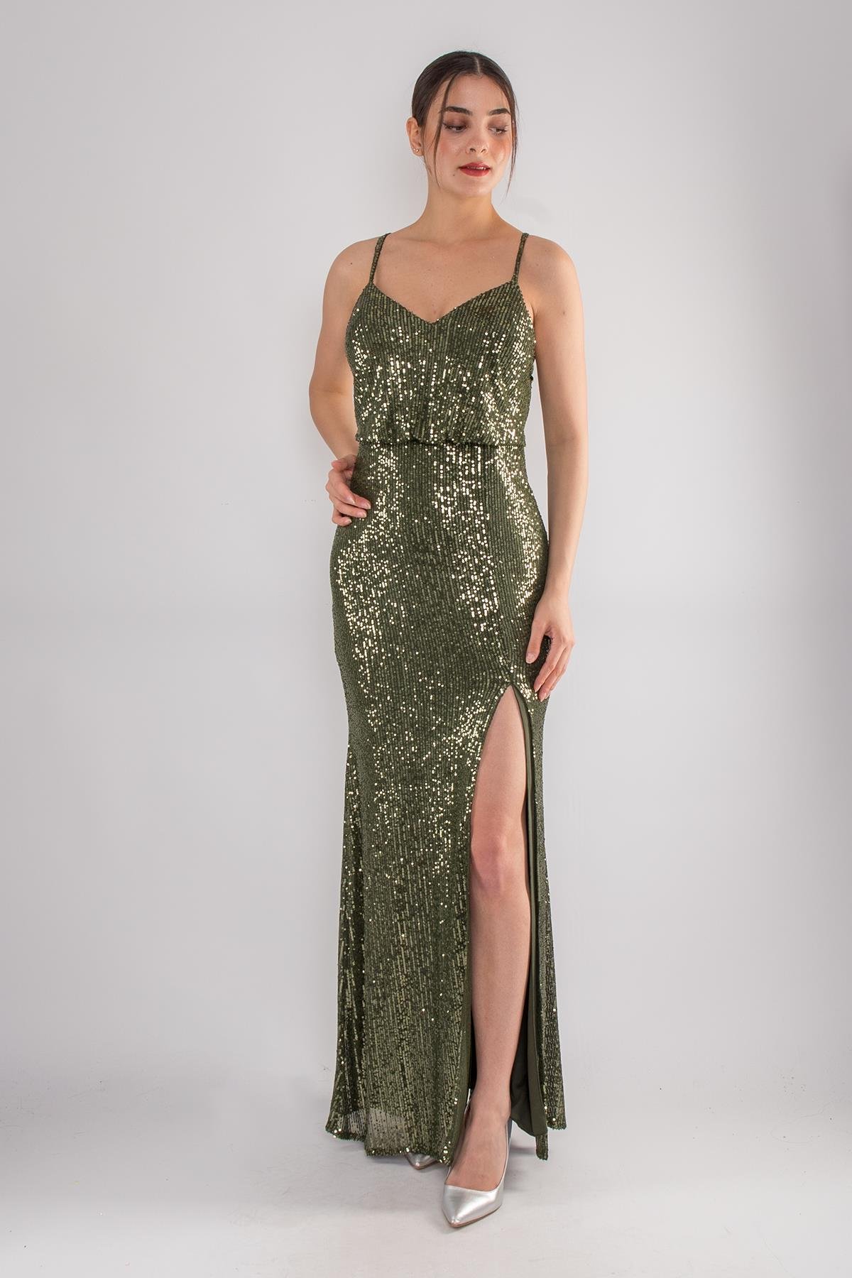 1078 Arkası Çapraz İpli Yırtmaçlı Pulpayet Uzun Elbise